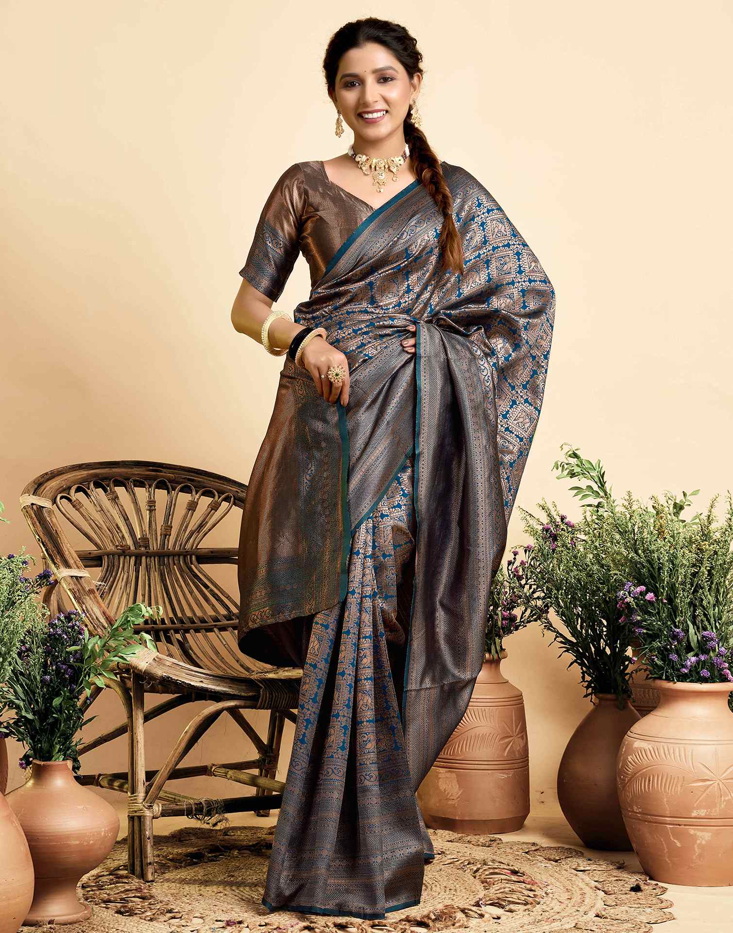 Light Navy Blue Silk Woven Kanjivaram Saree - Image 5