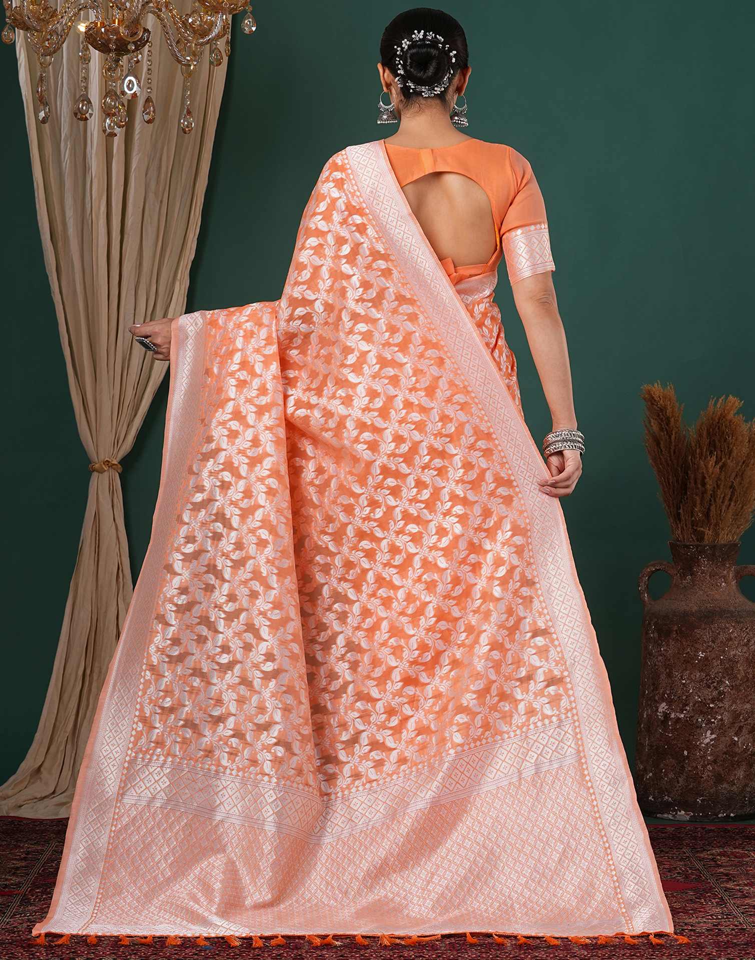 Light Orange Chanderi Woven Saree - Image 7