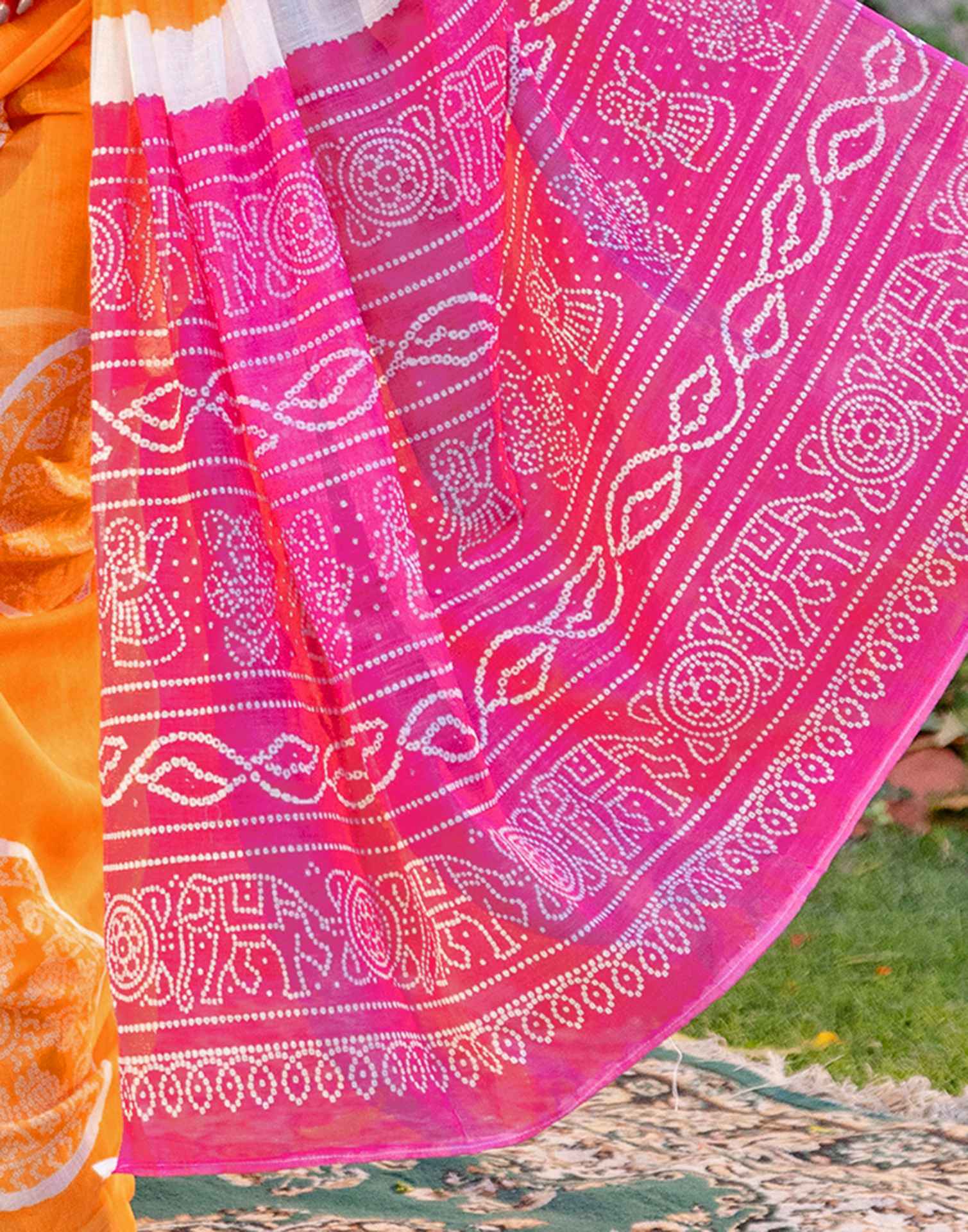 Vat Savitri Special Light Orange Linen Bandhani Printed Saree - Image 12
