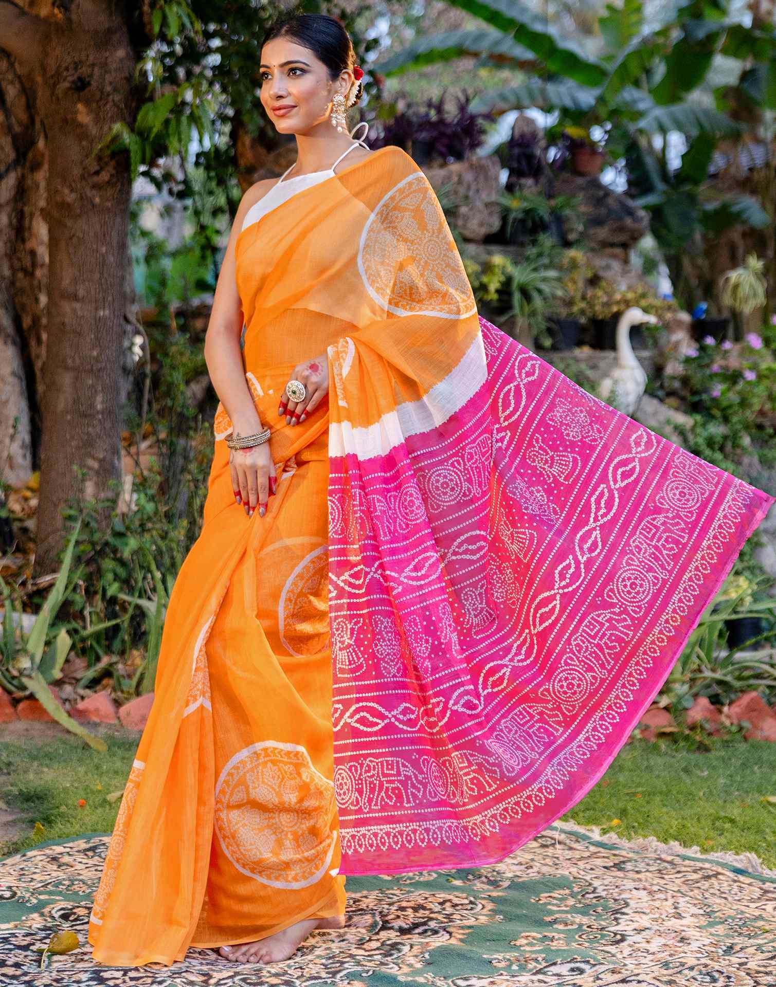 Vat Savitri Special Light Orange Linen Bandhani Printed Saree - Image 5