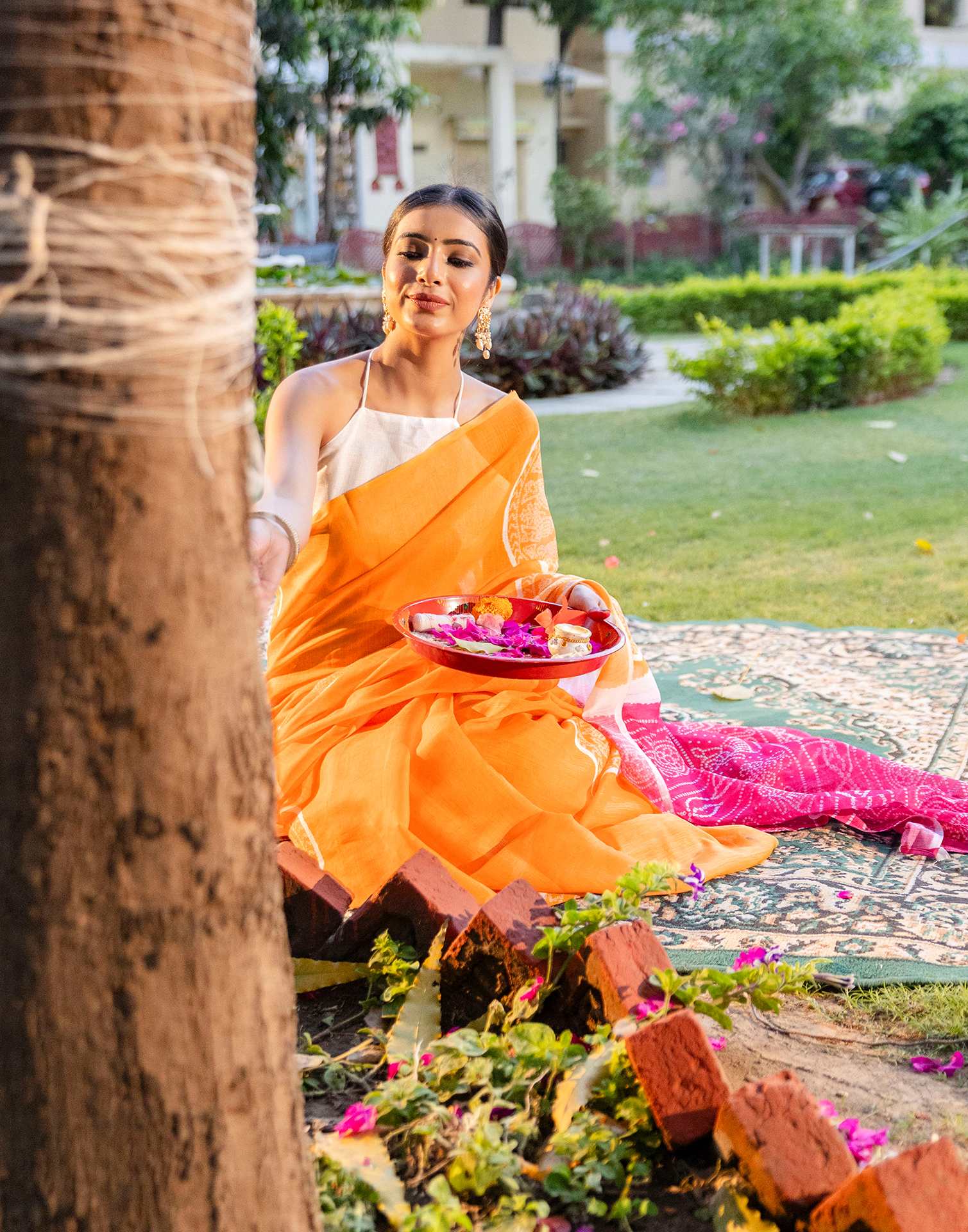 Vat Savitri Special Light Orange Linen Bandhani Printed Saree - Image 6