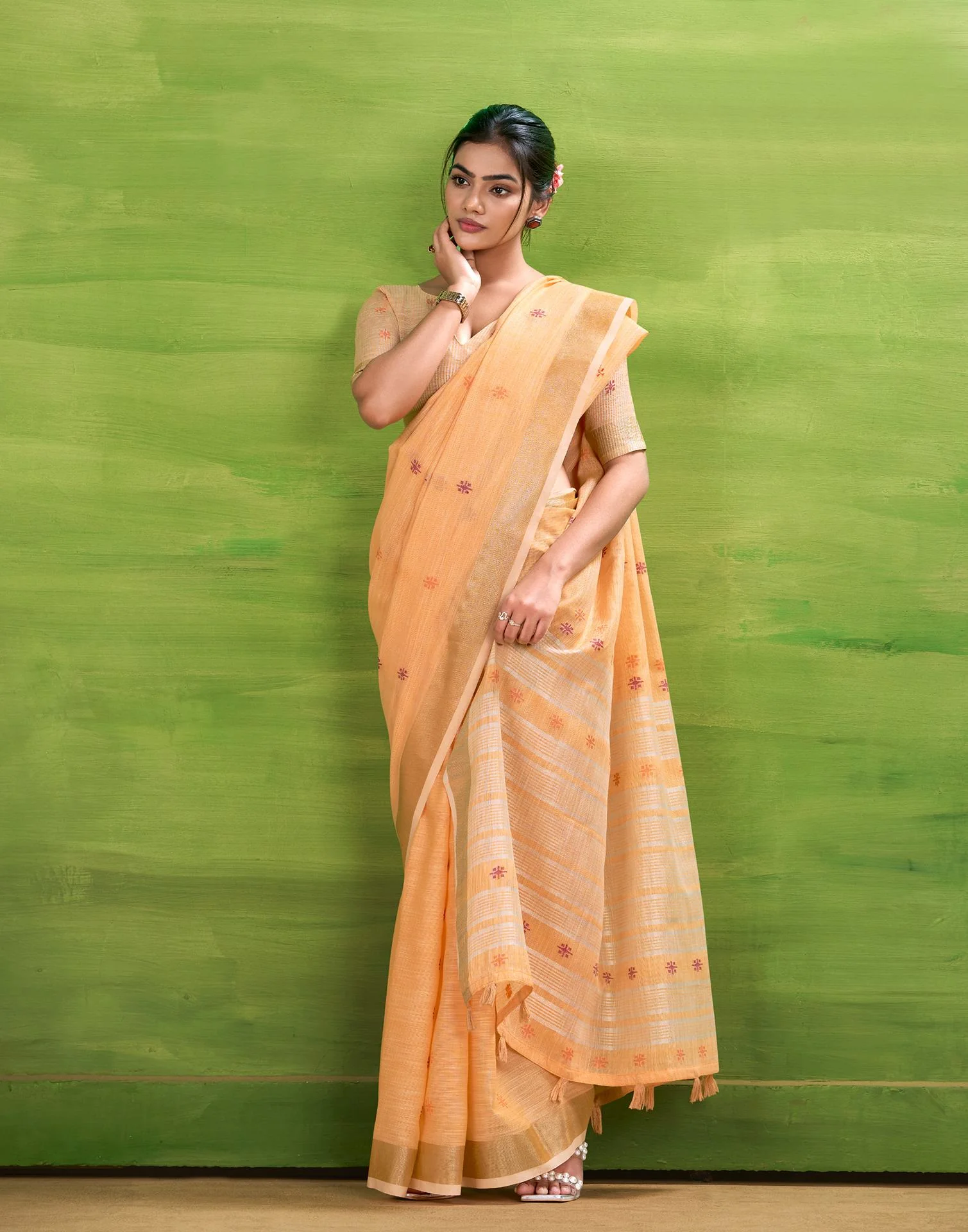 Light Orange Linen Silk Woven Printed Saree - Image 5