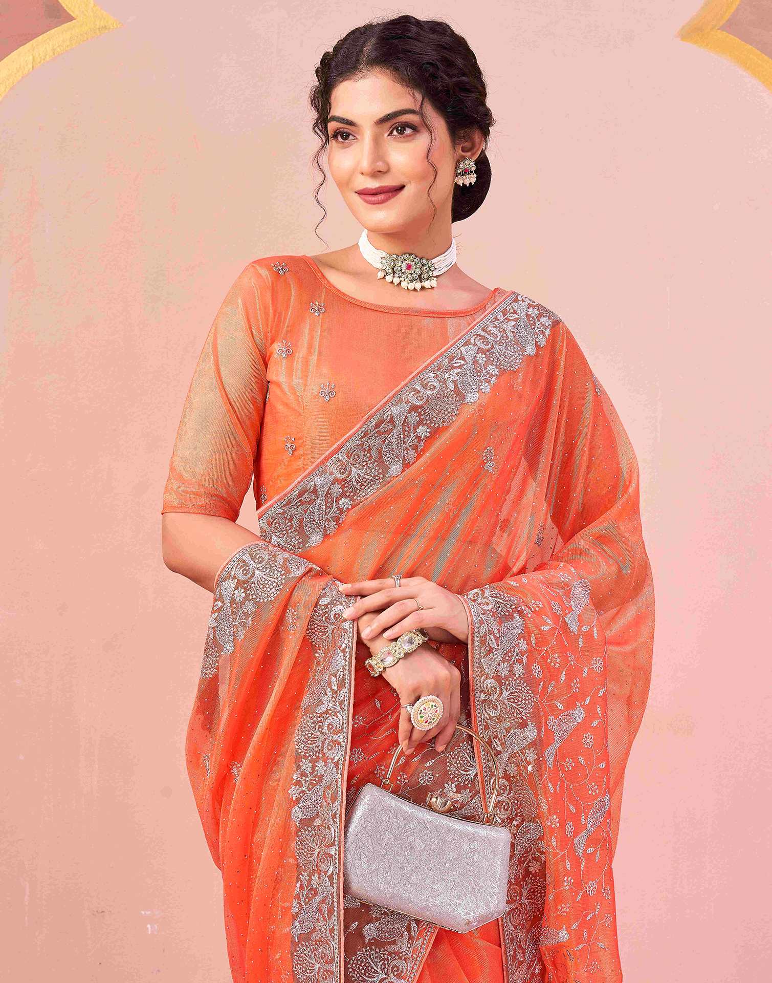 Light Orange Shimmer Net Embroidery Swarovski Saree - Image 2