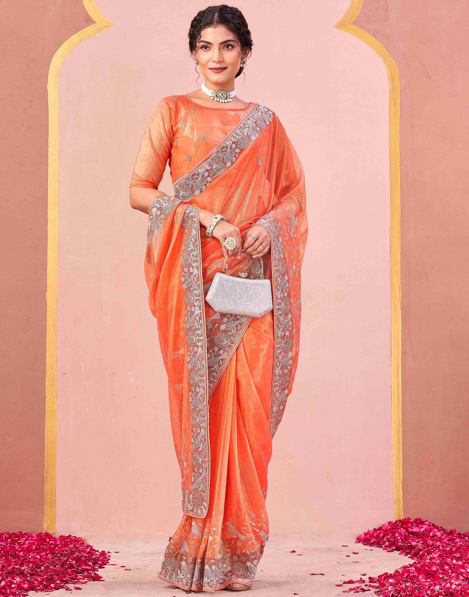 Light Orange Shimmer Net Embroidery Swarovski Saree - Image 5