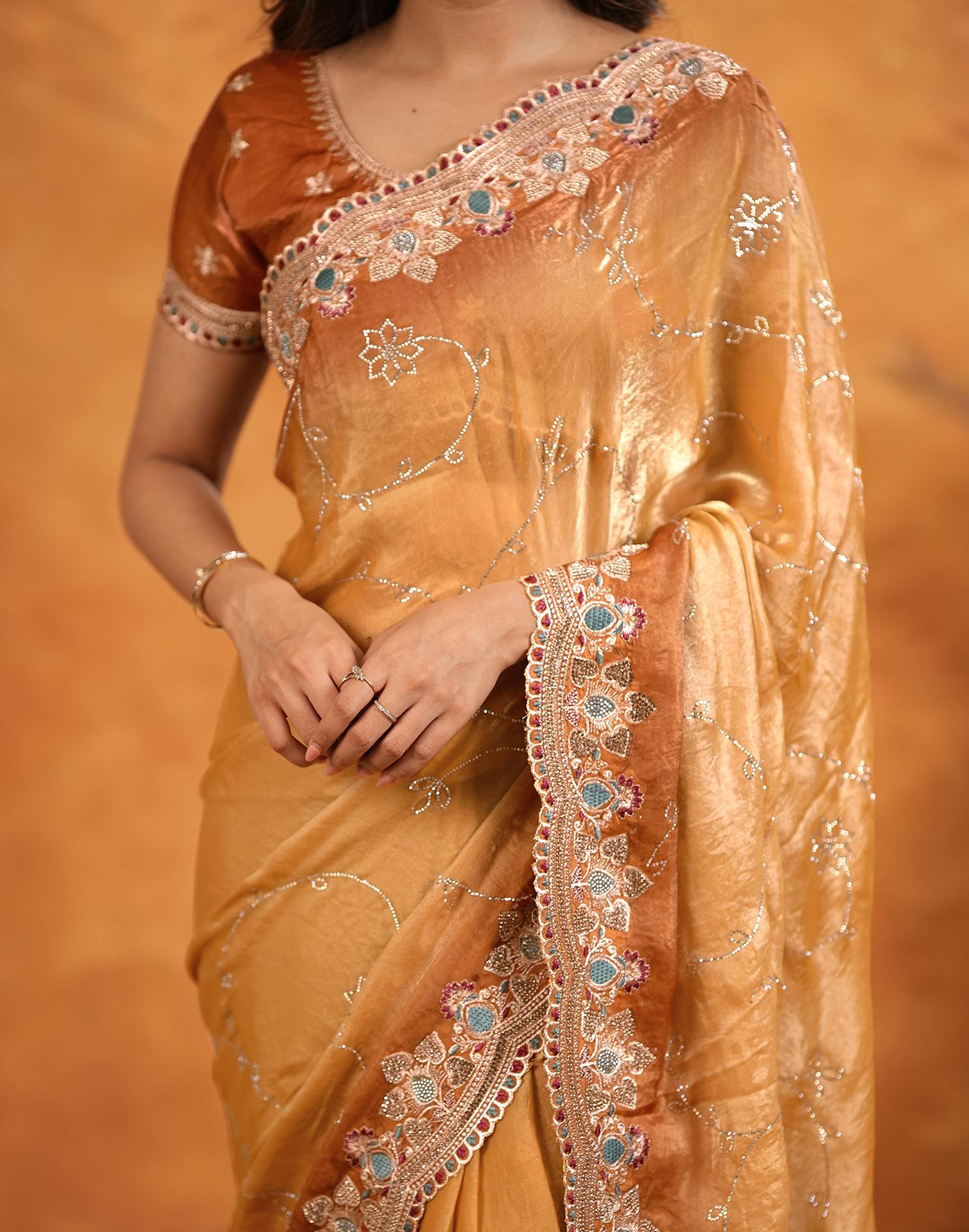 Light Orange Tissue Silk Stone Work Embroidery Saree - Image 12
