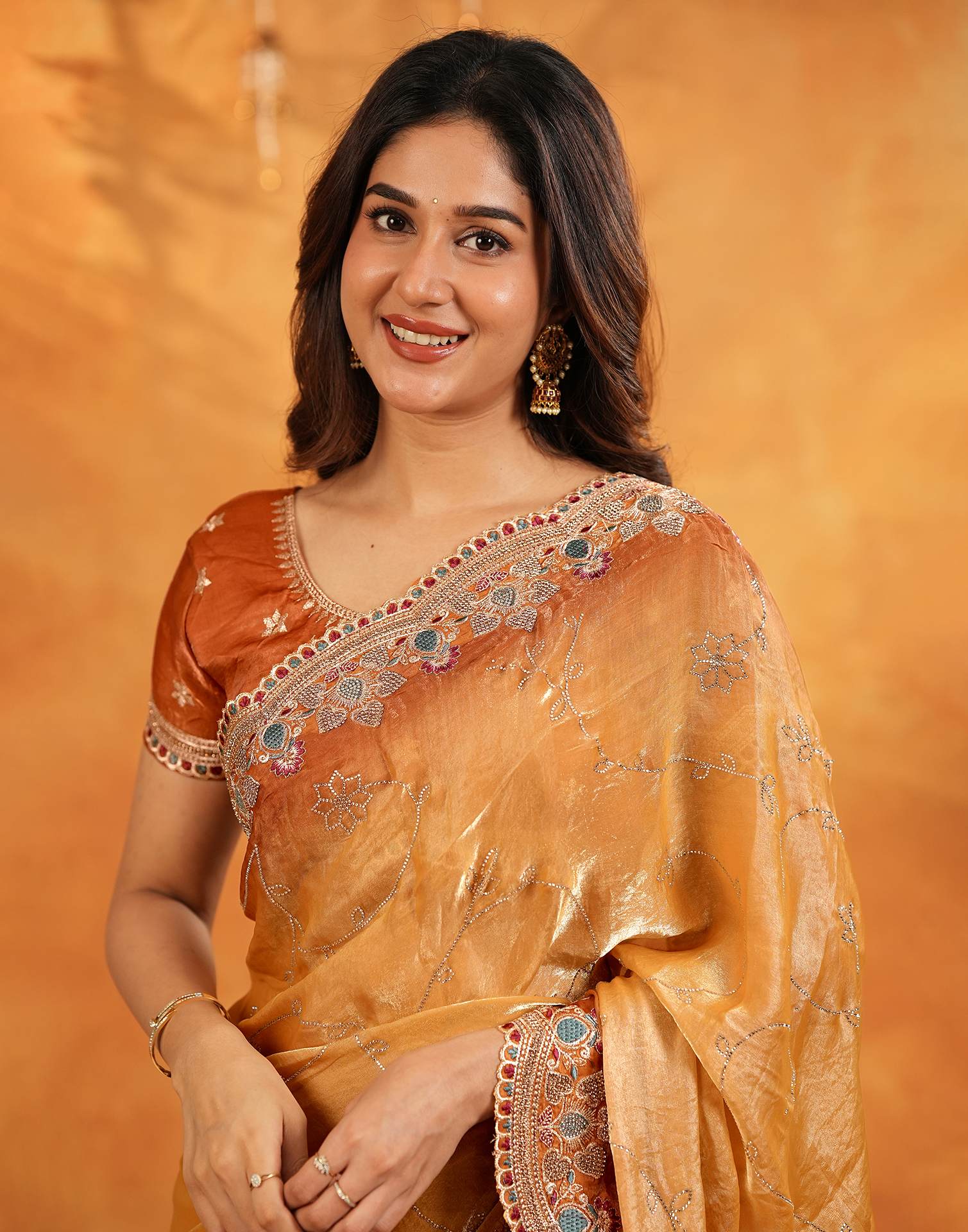 Light Orange Tissue Silk Stone Work Embroidery Saree - Image 4
