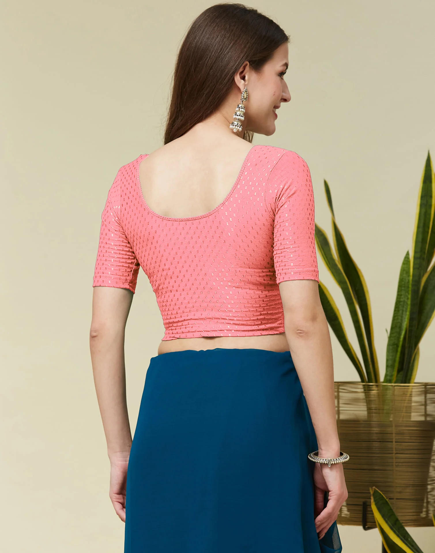 Light Peach Cotton Lycra Dyed Self Woven Blouse - Image 4