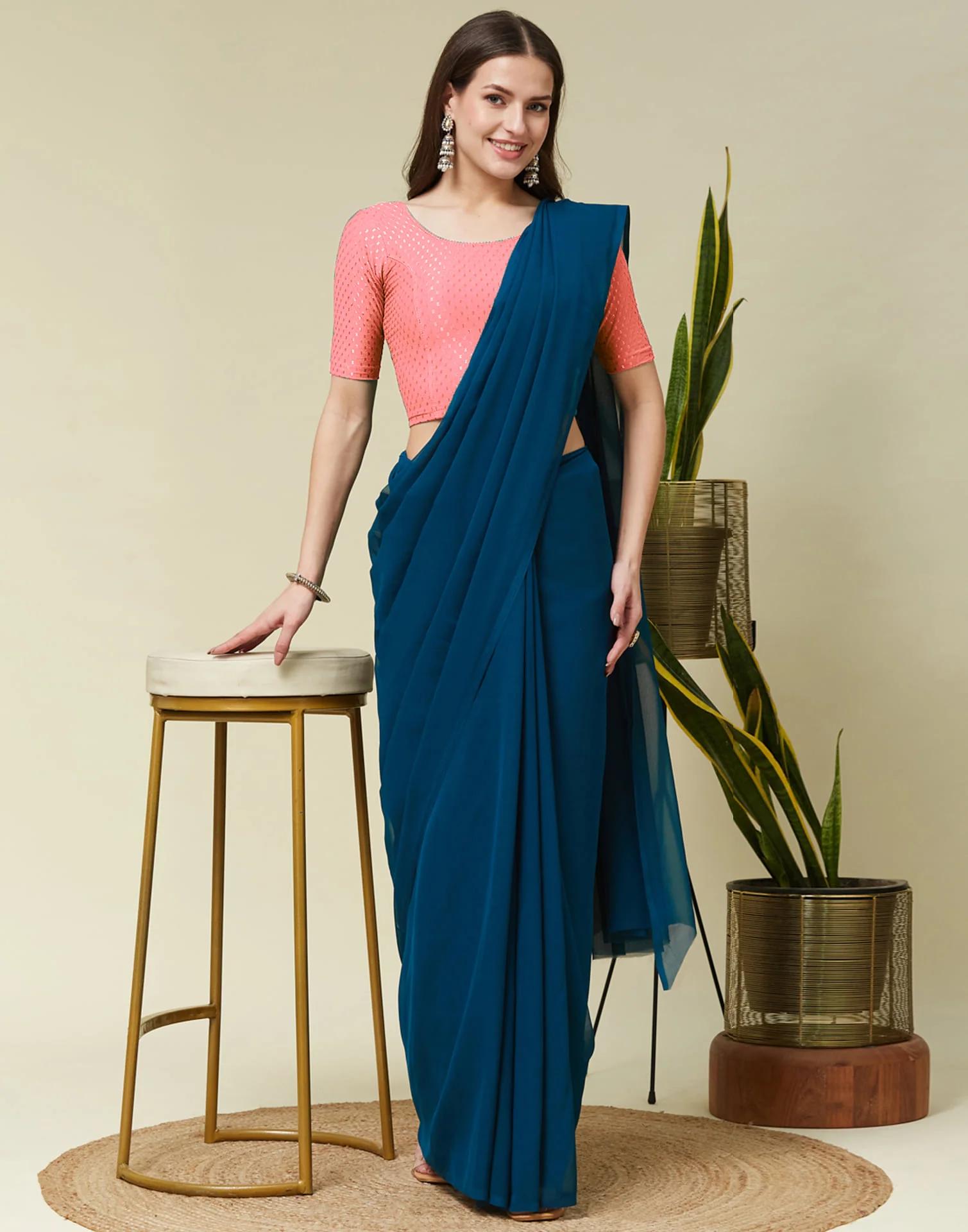 Light Peach Cotton Lycra Dyed Self Woven Blouse - Image 5