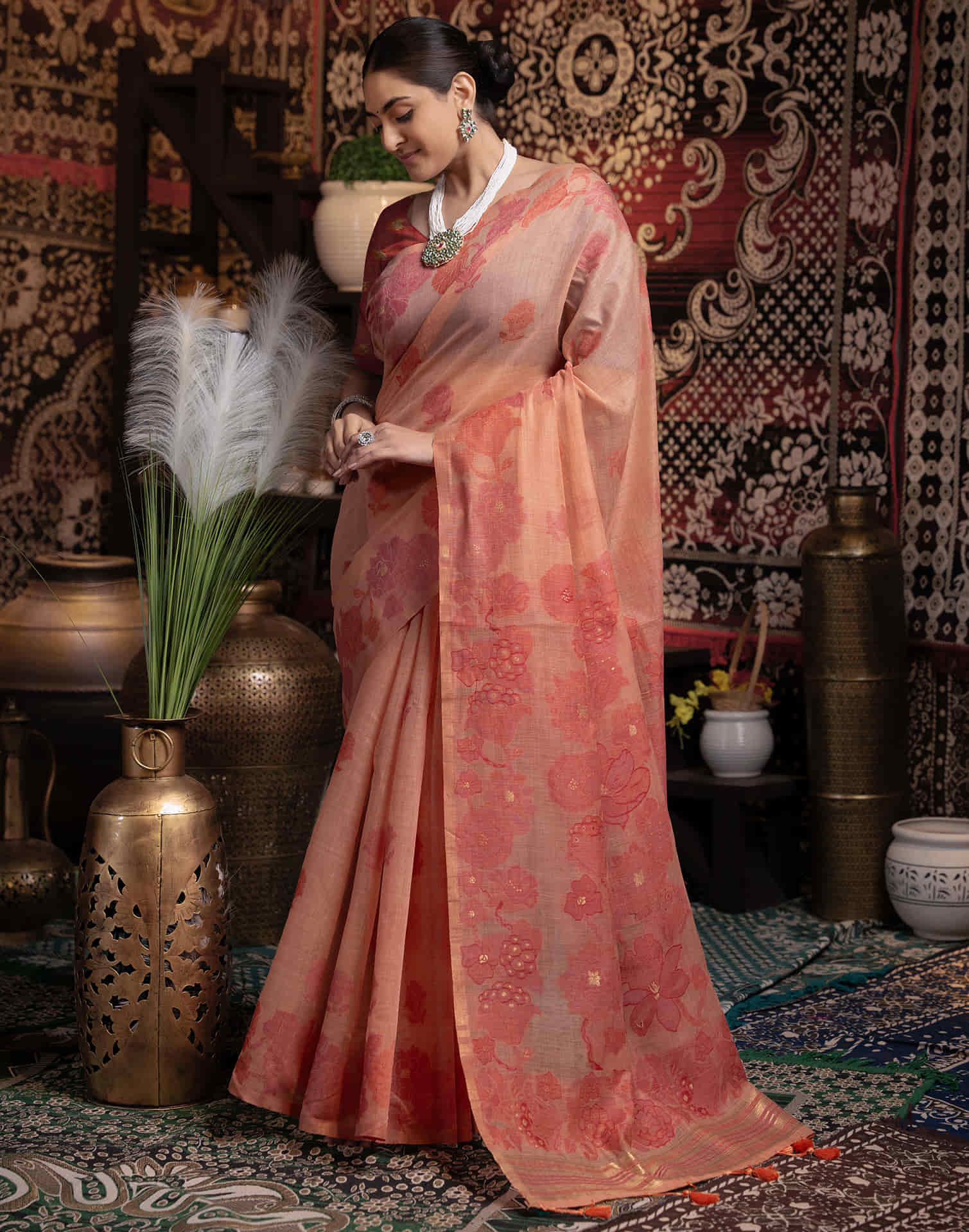 Light Peach Cotton Weaving Jamdani Saree - Image 5