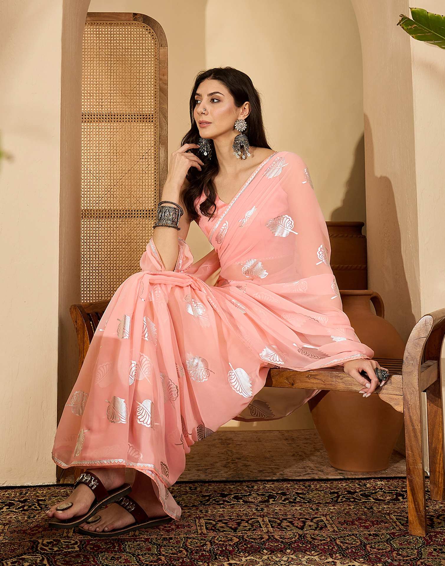 Light Peach Georgette Foil Printed Saree - Image 6