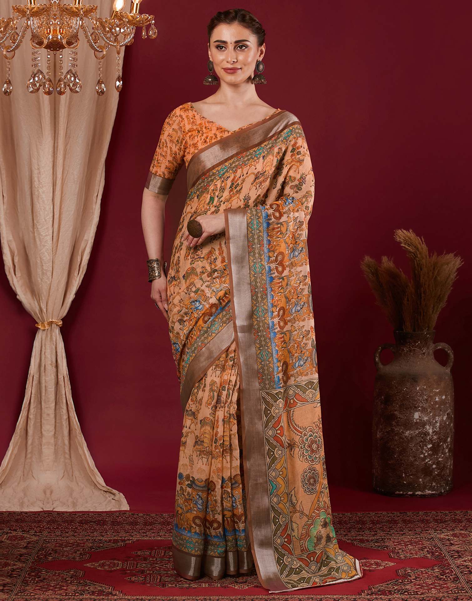 Light Peach Linen Printed Kalamkari Saree - Image 6