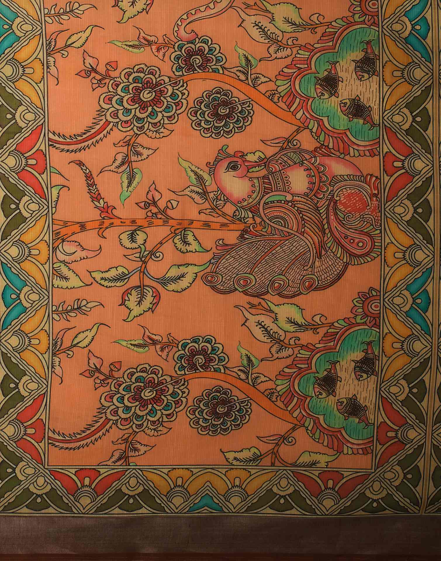 Light Peach Linen Printed Kalamkari Saree - Image 7