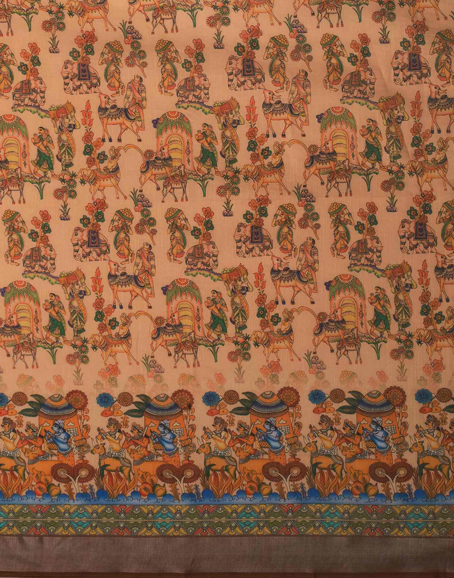 Light Peach Linen Printed Kalamkari Saree - Image 8