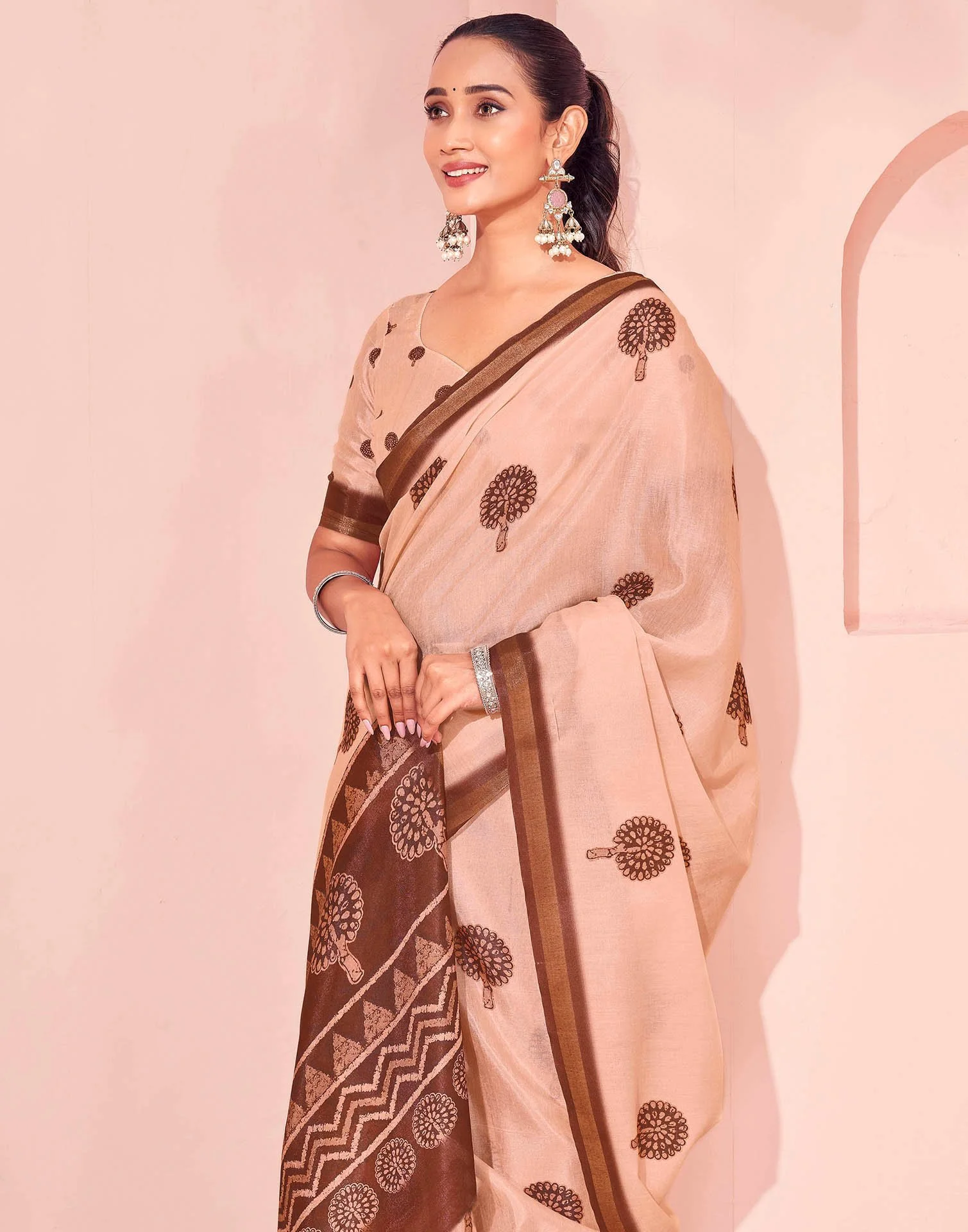 Light Peach Silk Printed Saree - Image 2