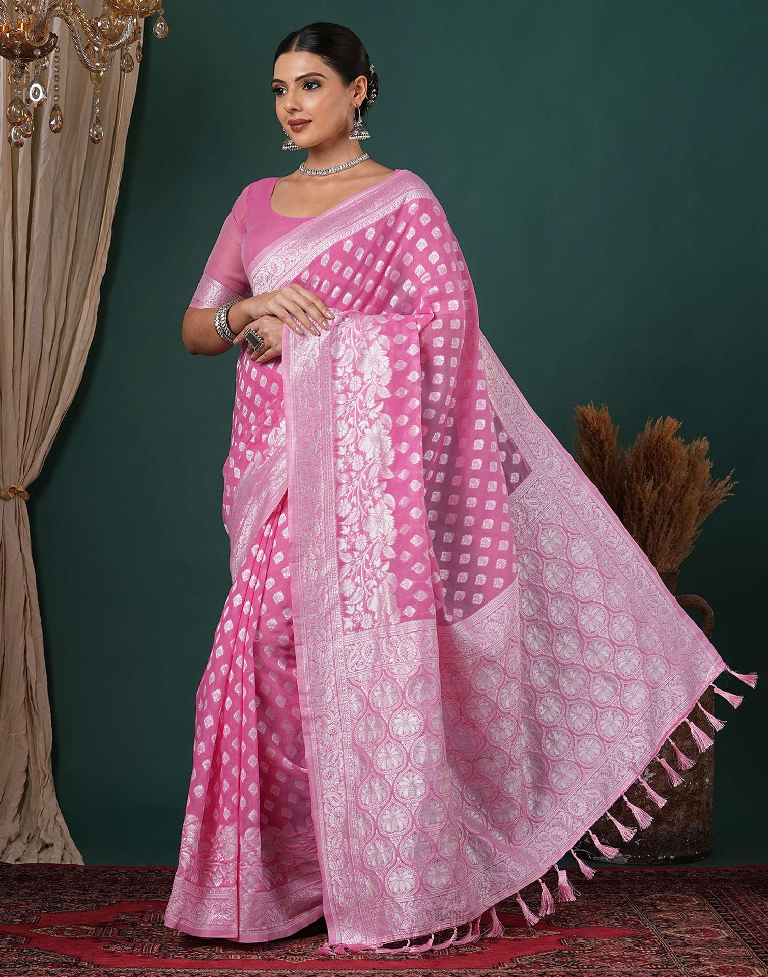 Light Pink Chanderi Woven Saree - Image 4