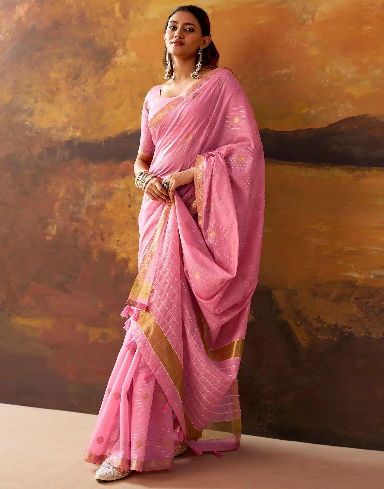 Light Pink Cotton Chanderi Woven Saree - Image 2