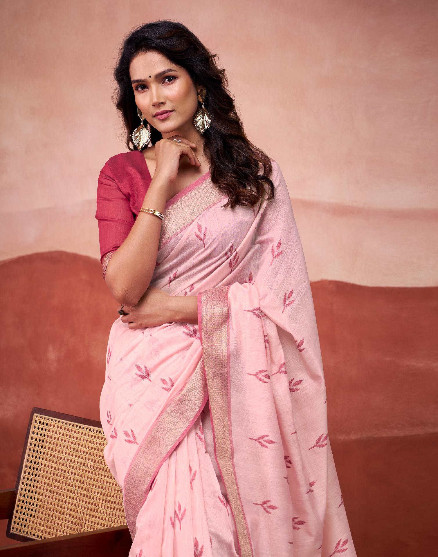 Light Pink Cotton Woven Printed Saree - Image 2