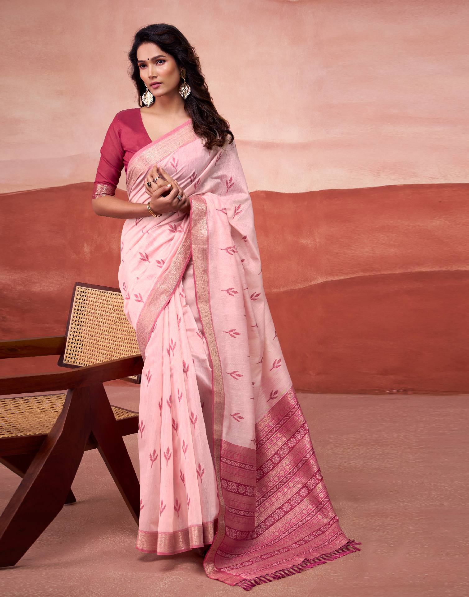 Light Pink Cotton Woven Printed Saree - Image 5
