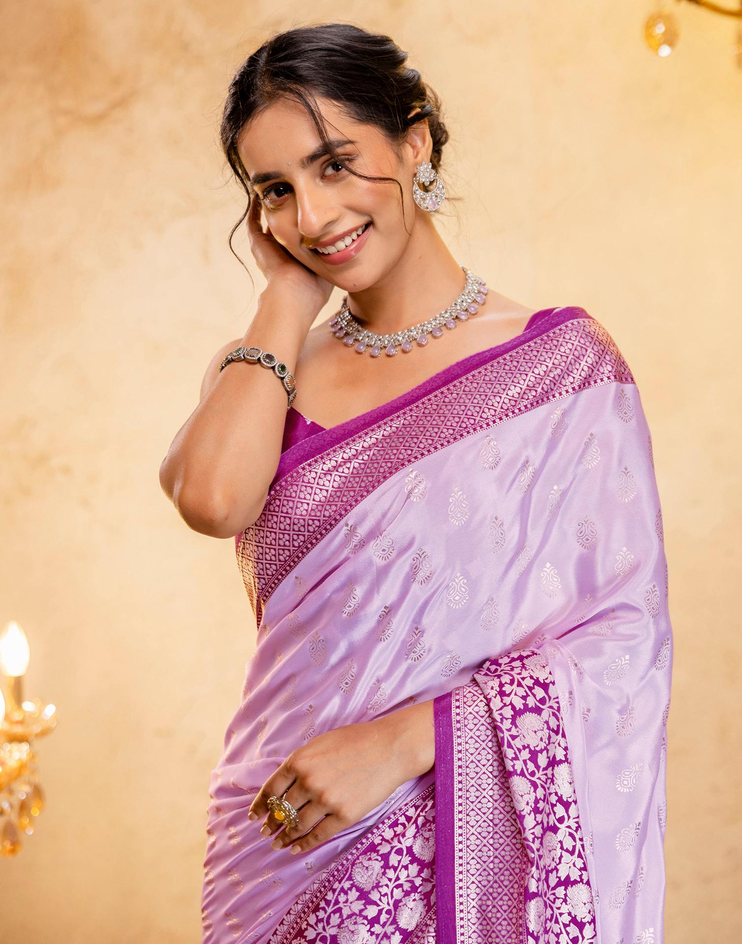 Light Pink Crepe Silk Foil Printed Saree - Image 11