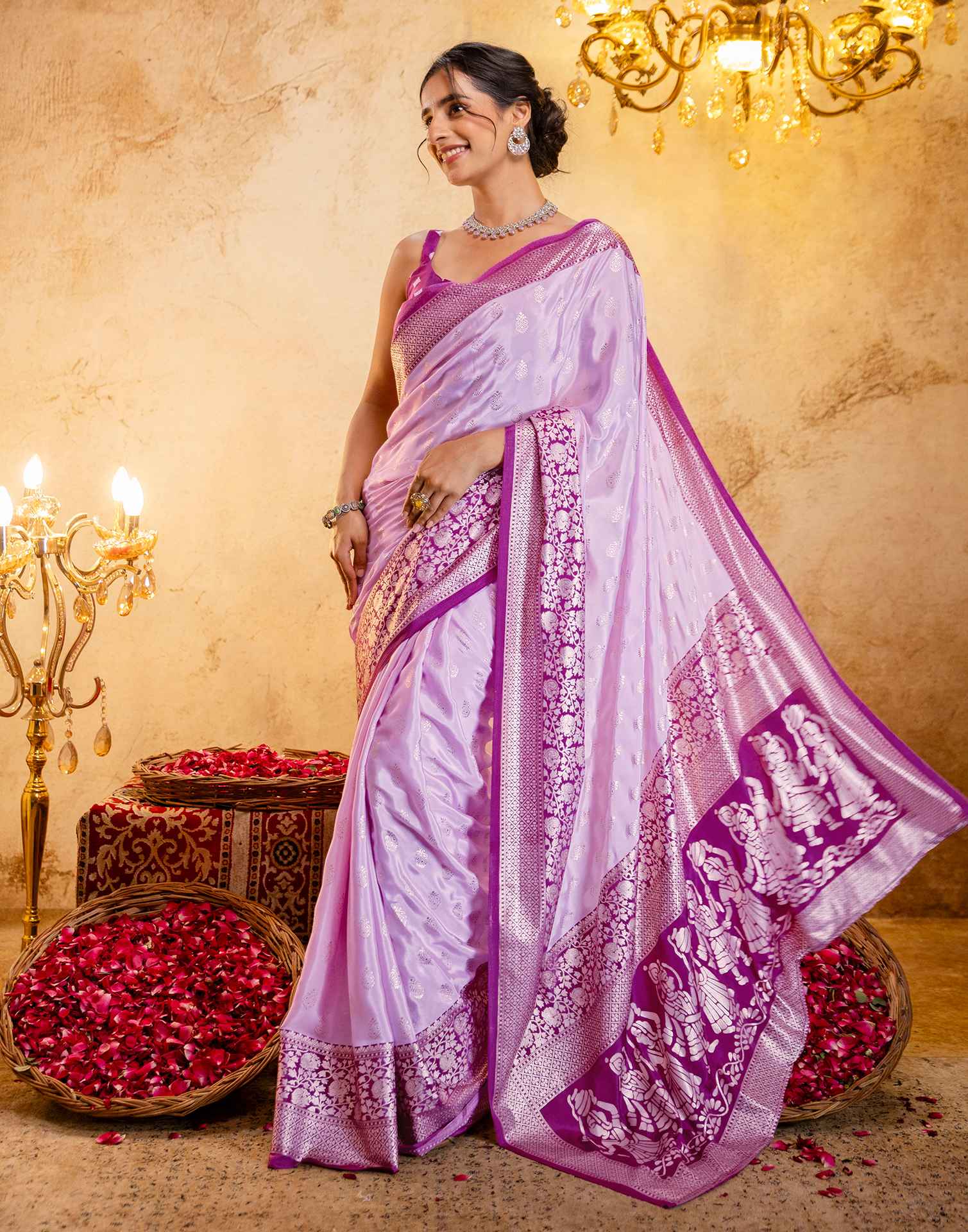 Light Pink Crepe Silk Foil Printed Saree - Image 5