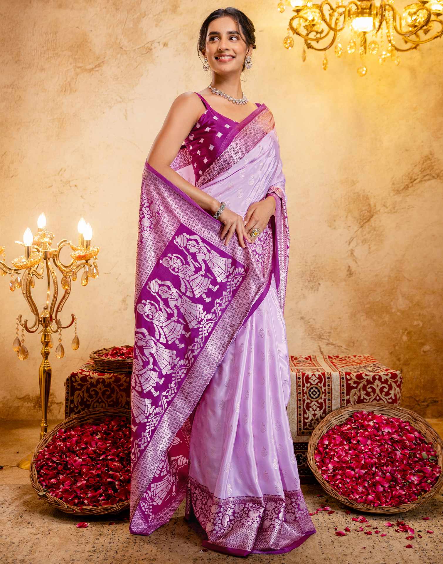Light Pink Crepe Silk Foil Printed Saree - Image 6