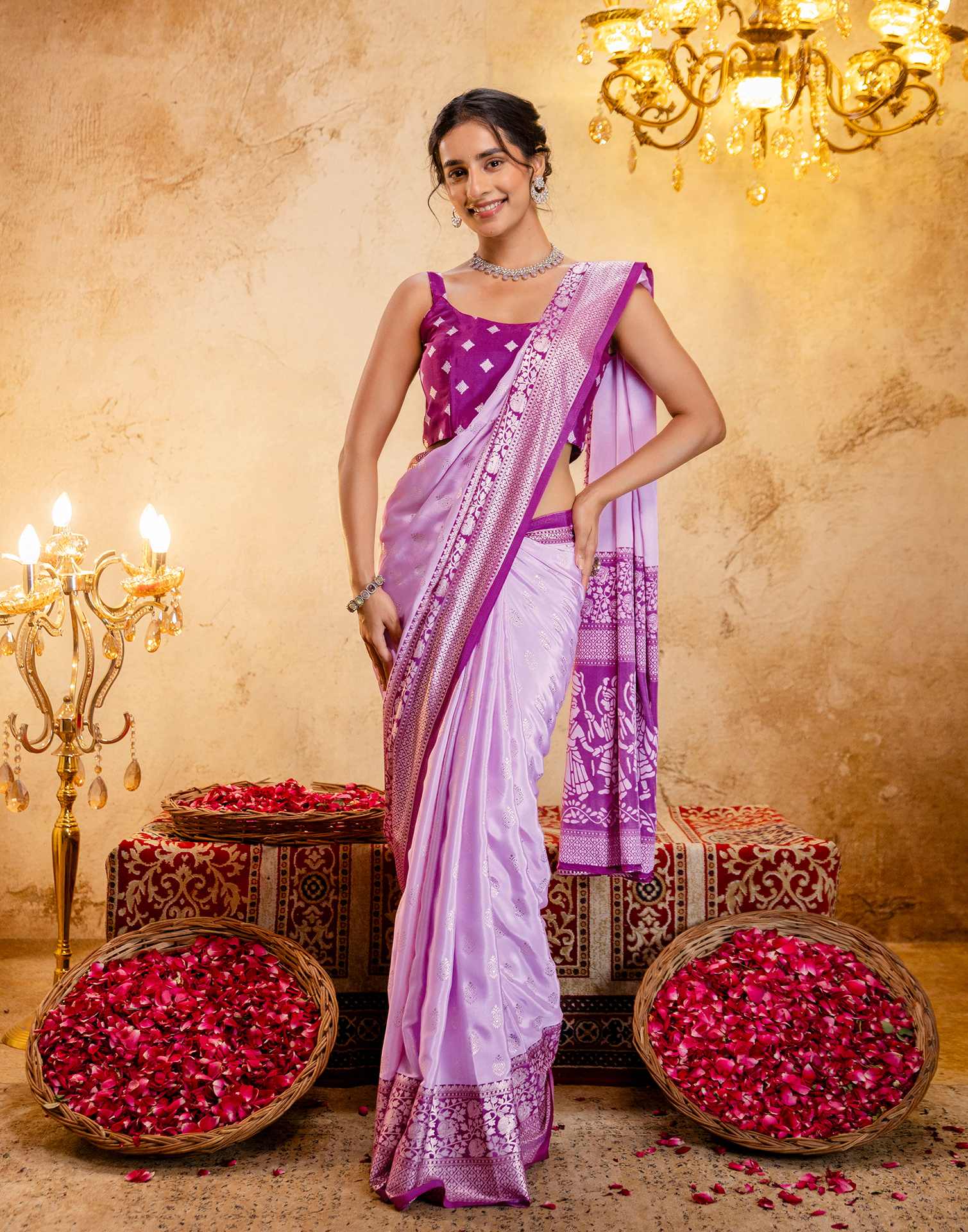 Light Pink Crepe Silk Foil Printed Saree - Image 8