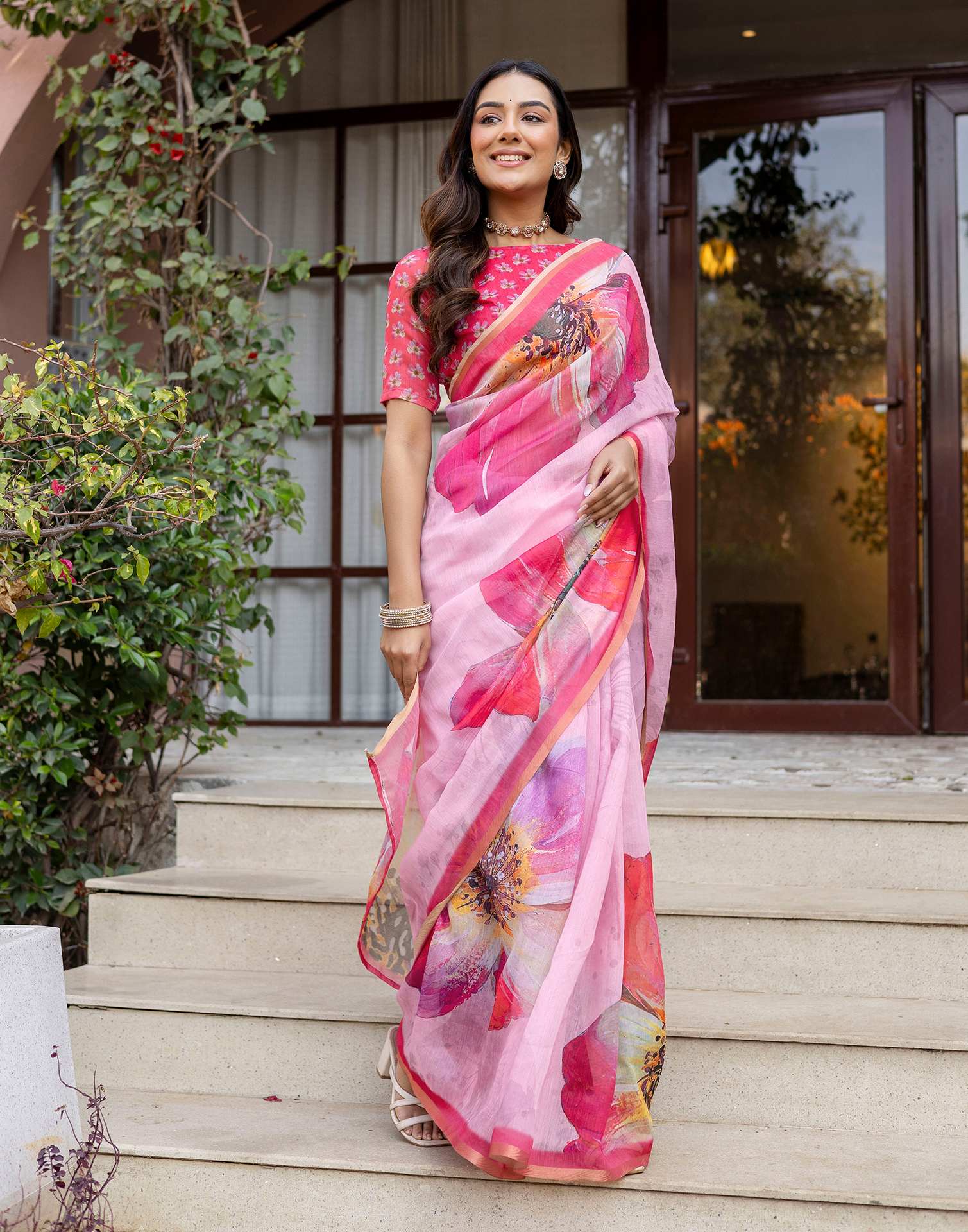 Light Pink Linen Floral Printed Saree - Image 6