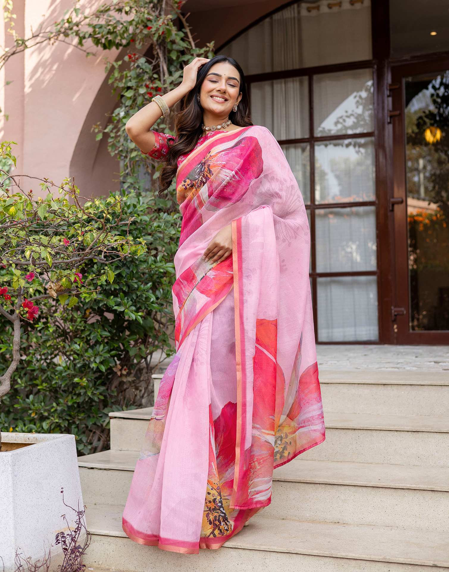 Light Pink Linen Floral Printed Saree - Image 8