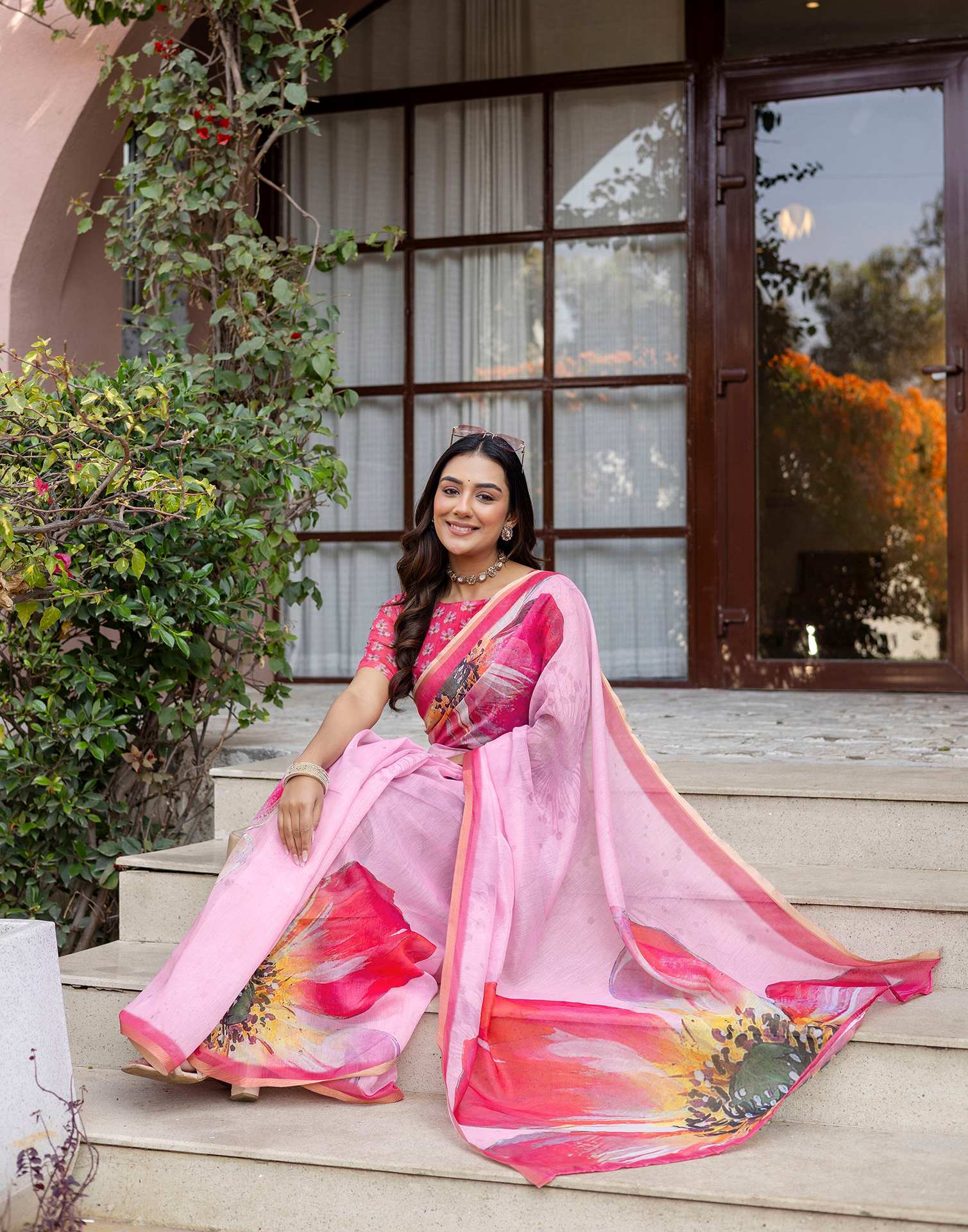 Light Pink Linen Floral Printed Saree - Image 9