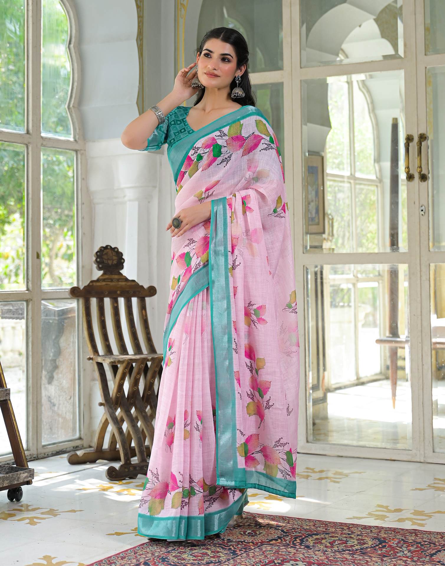 Light Pink Linen Floral Printed Saree - Image 5