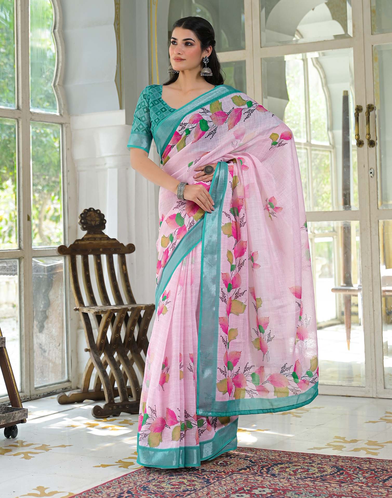 Light Pink Linen Floral Printed Saree - Image 6