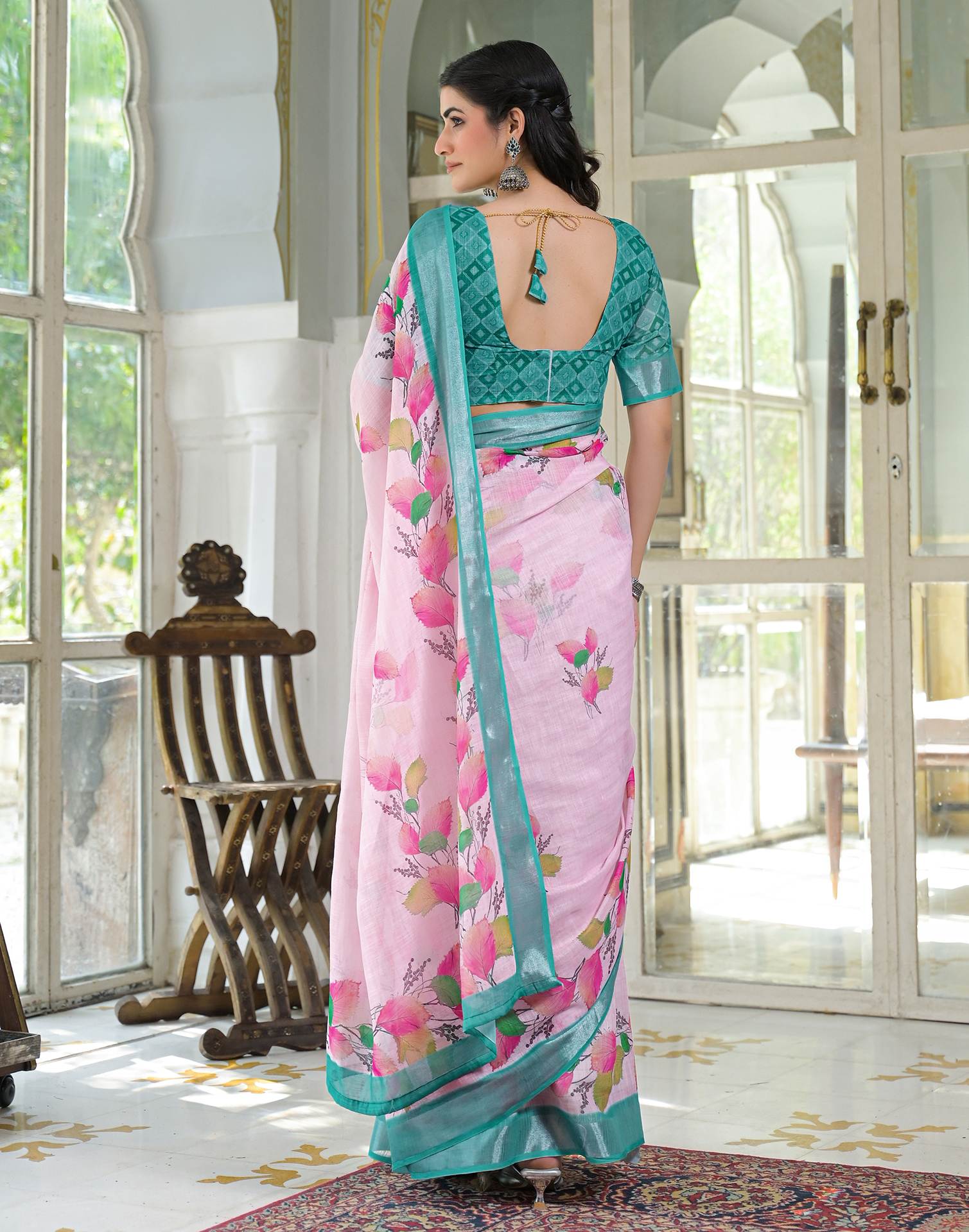 Light Pink Linen Floral Printed Saree - Image 7