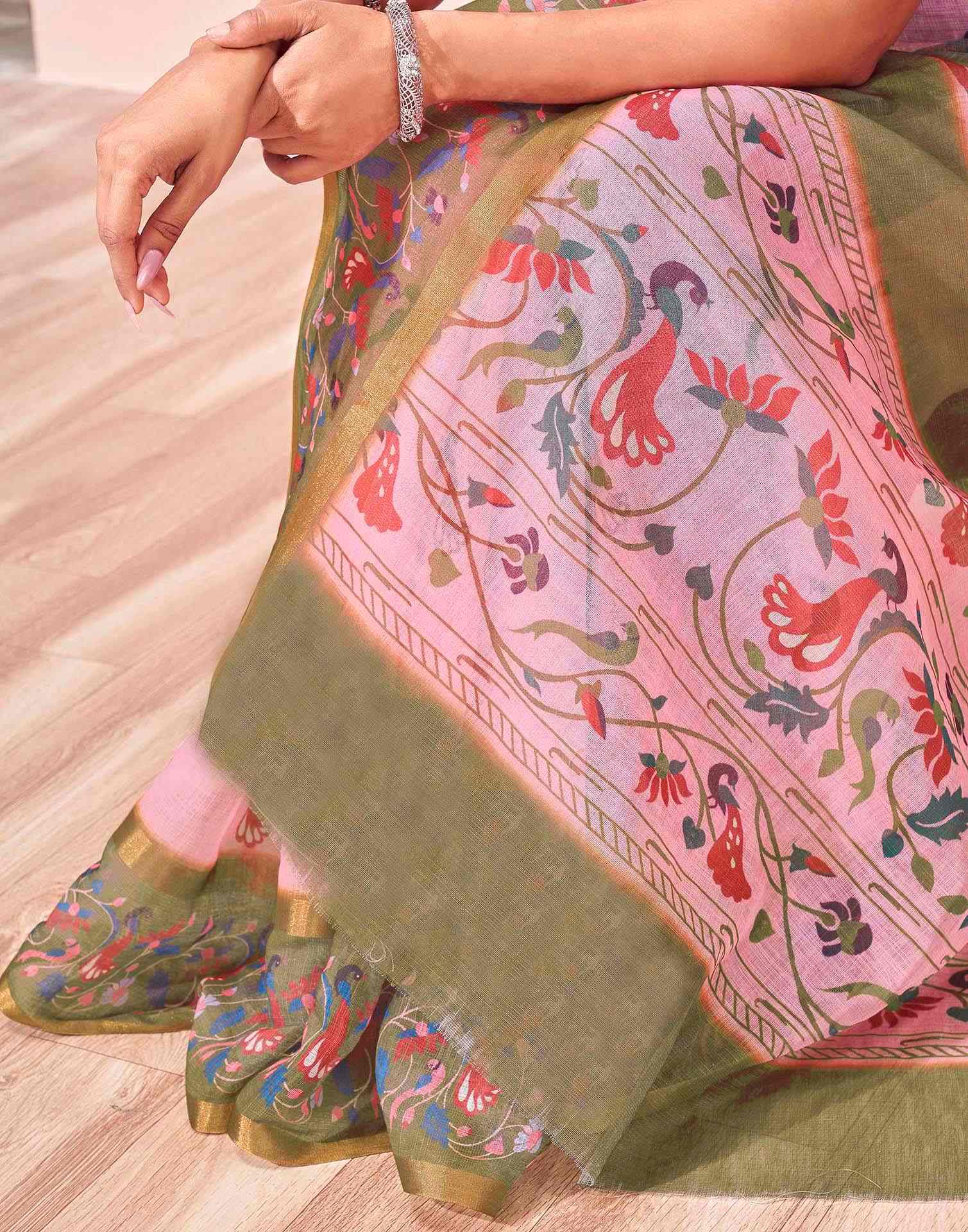Light Pink Linen Printed Kalamkari Saree - Image 11
