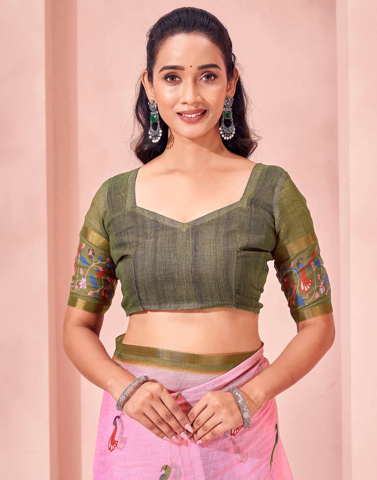 Light Pink Linen Printed Kalamkari Saree - Image 12