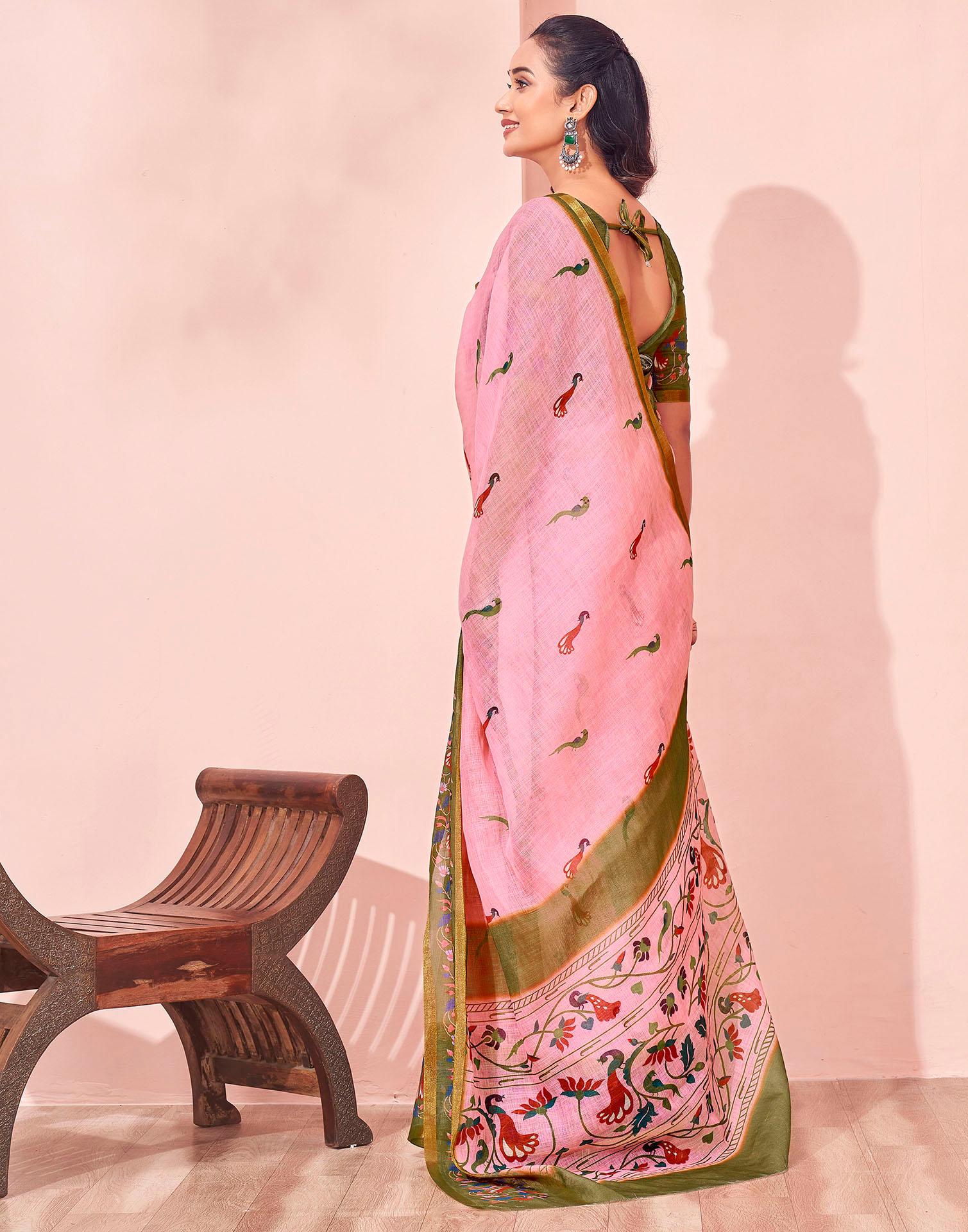 Light Pink Linen Printed Kalamkari Saree - Image 7