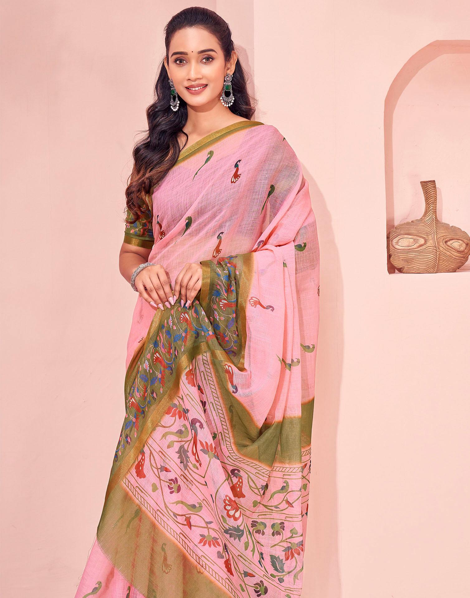 Light Pink Linen Printed Kalamkari Saree - Image 8