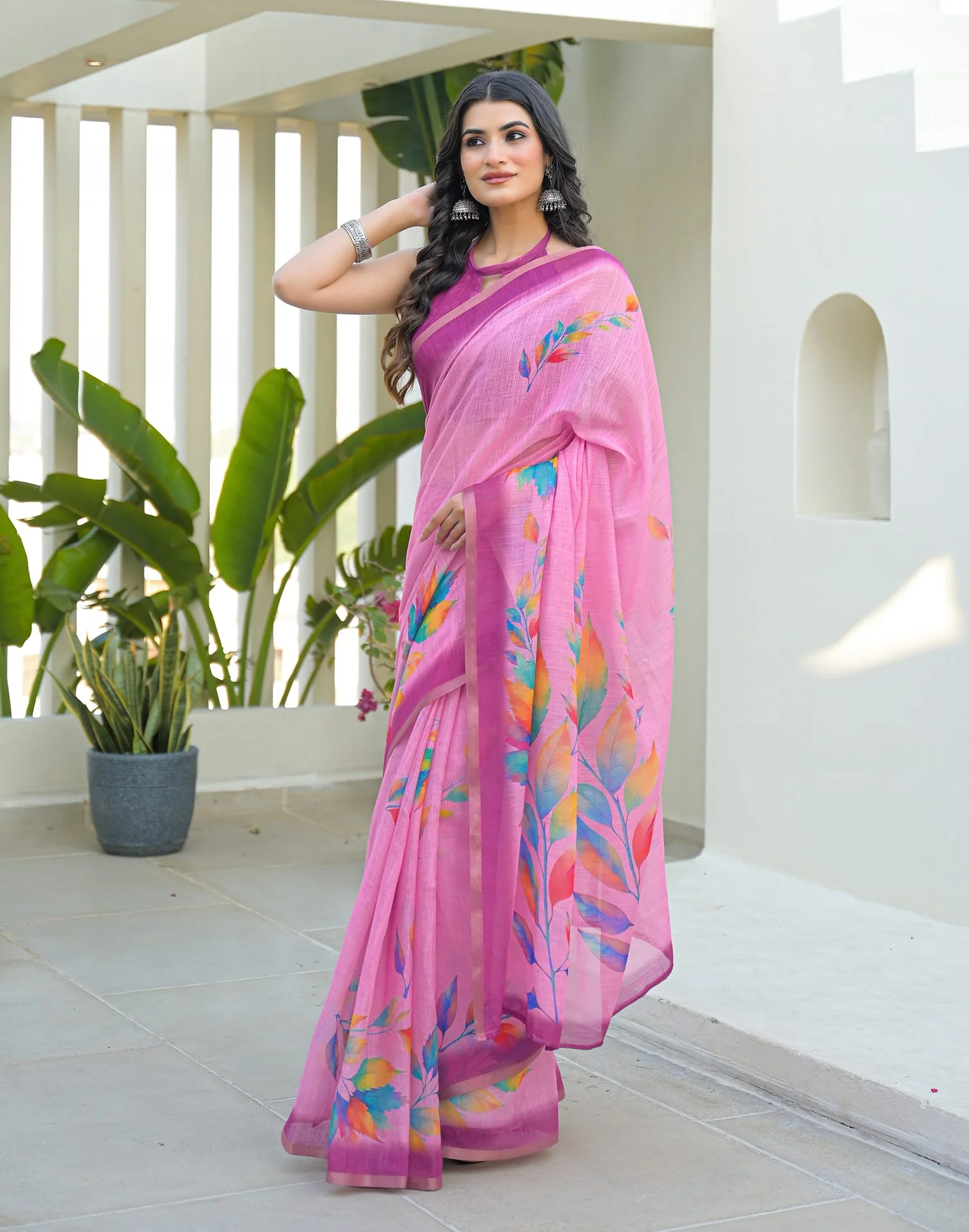 Light Pink Linen Printed Saree - Image 5