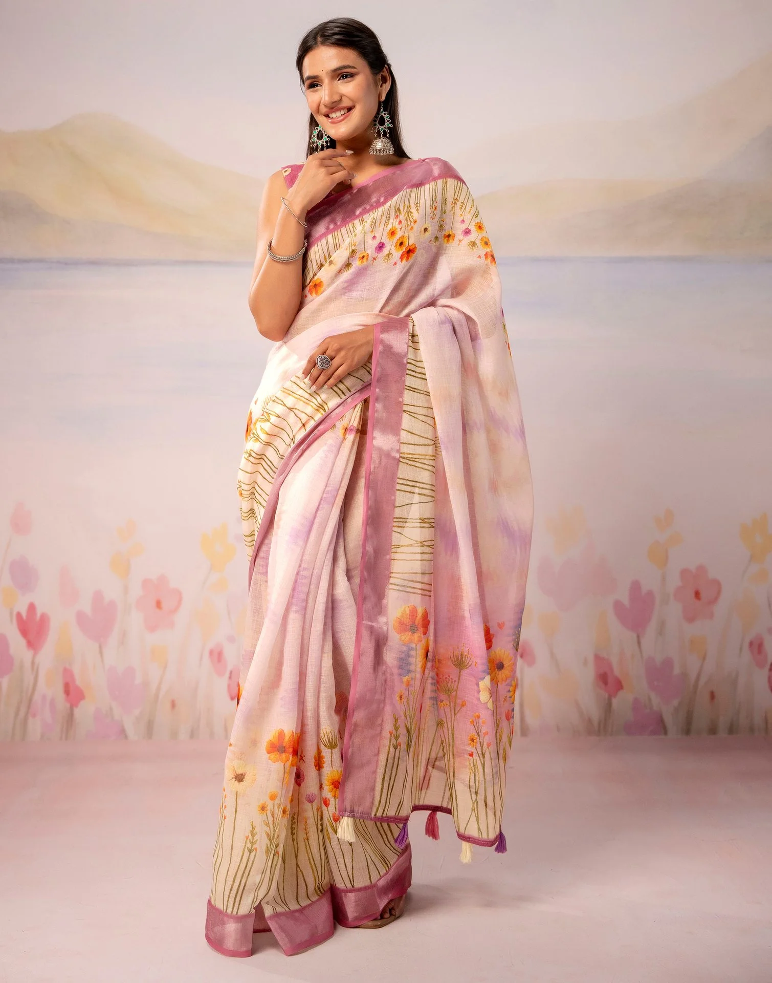 Light Pink Linen Printed Zari Border Saree