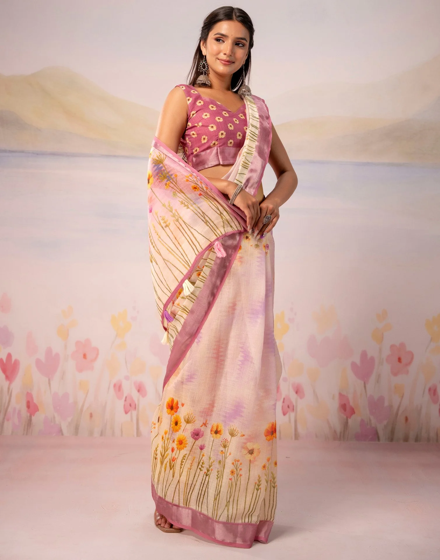 Light Pink Linen Printed Zari Border Saree - Image 10