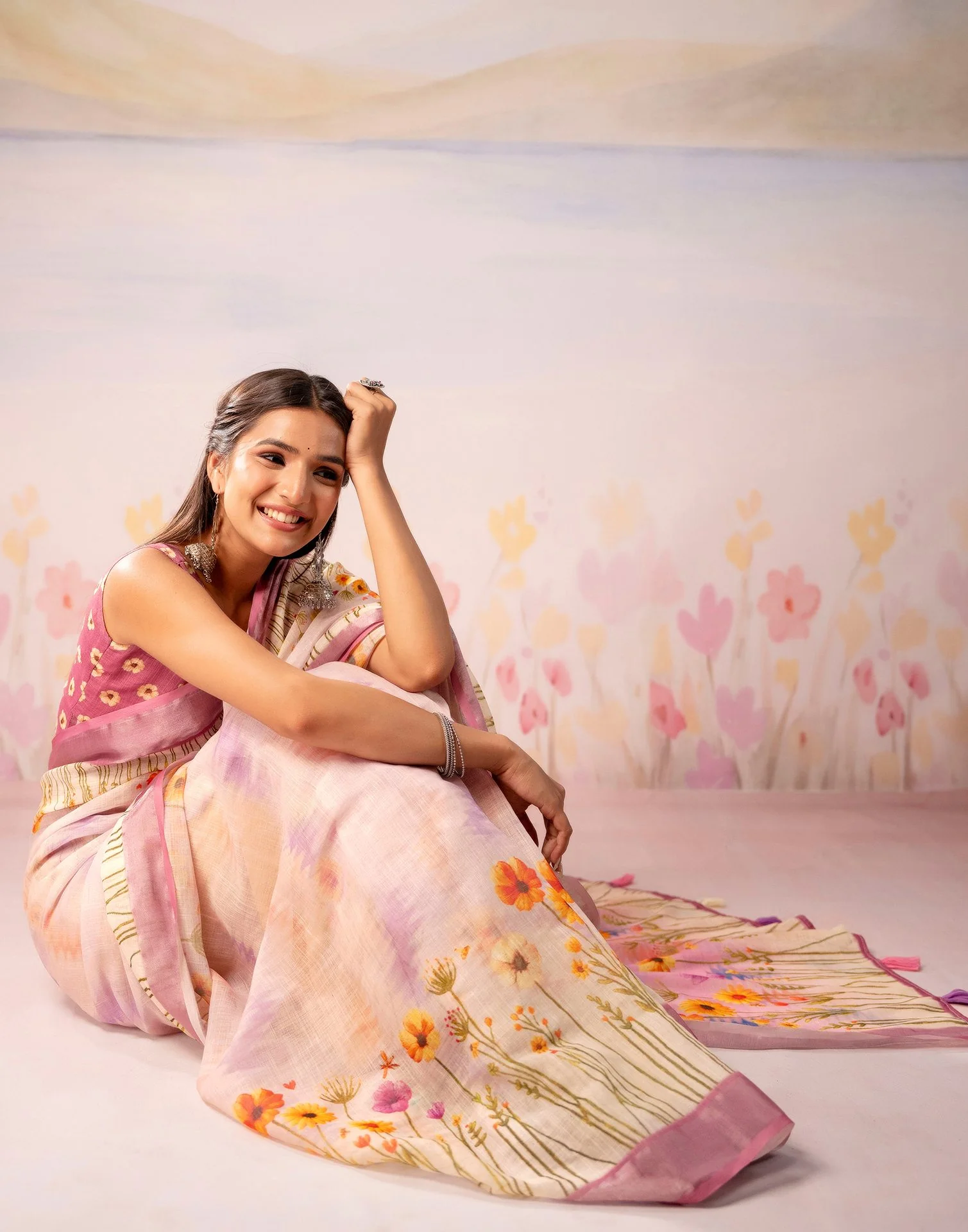 Light Pink Linen Printed Zari Border Saree - Image 11