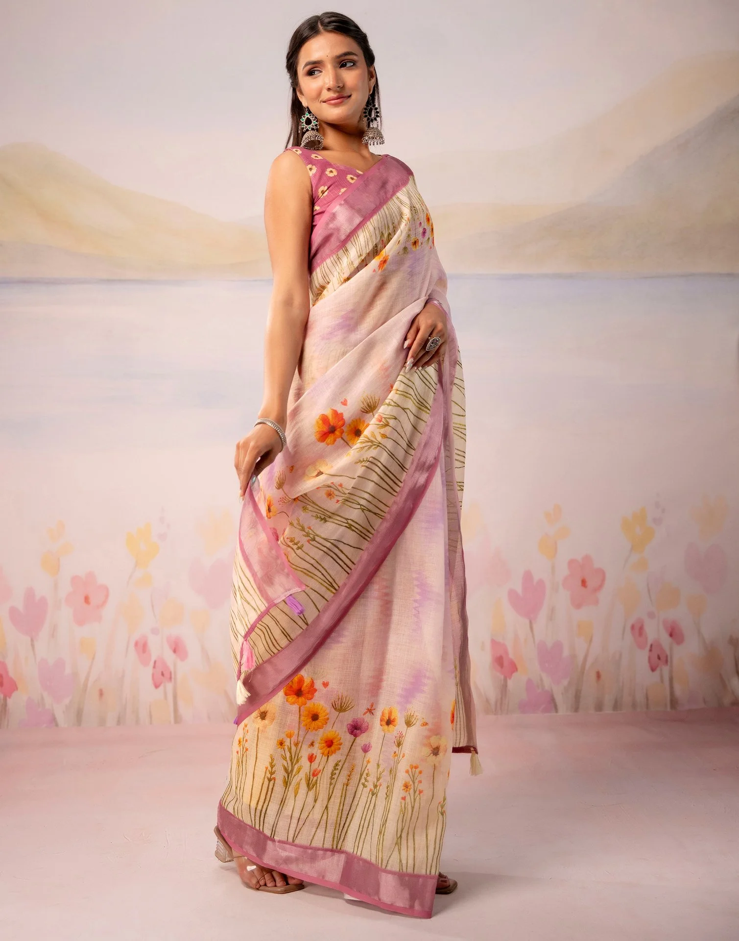 Light Pink Linen Printed Zari Border Saree - Image 7