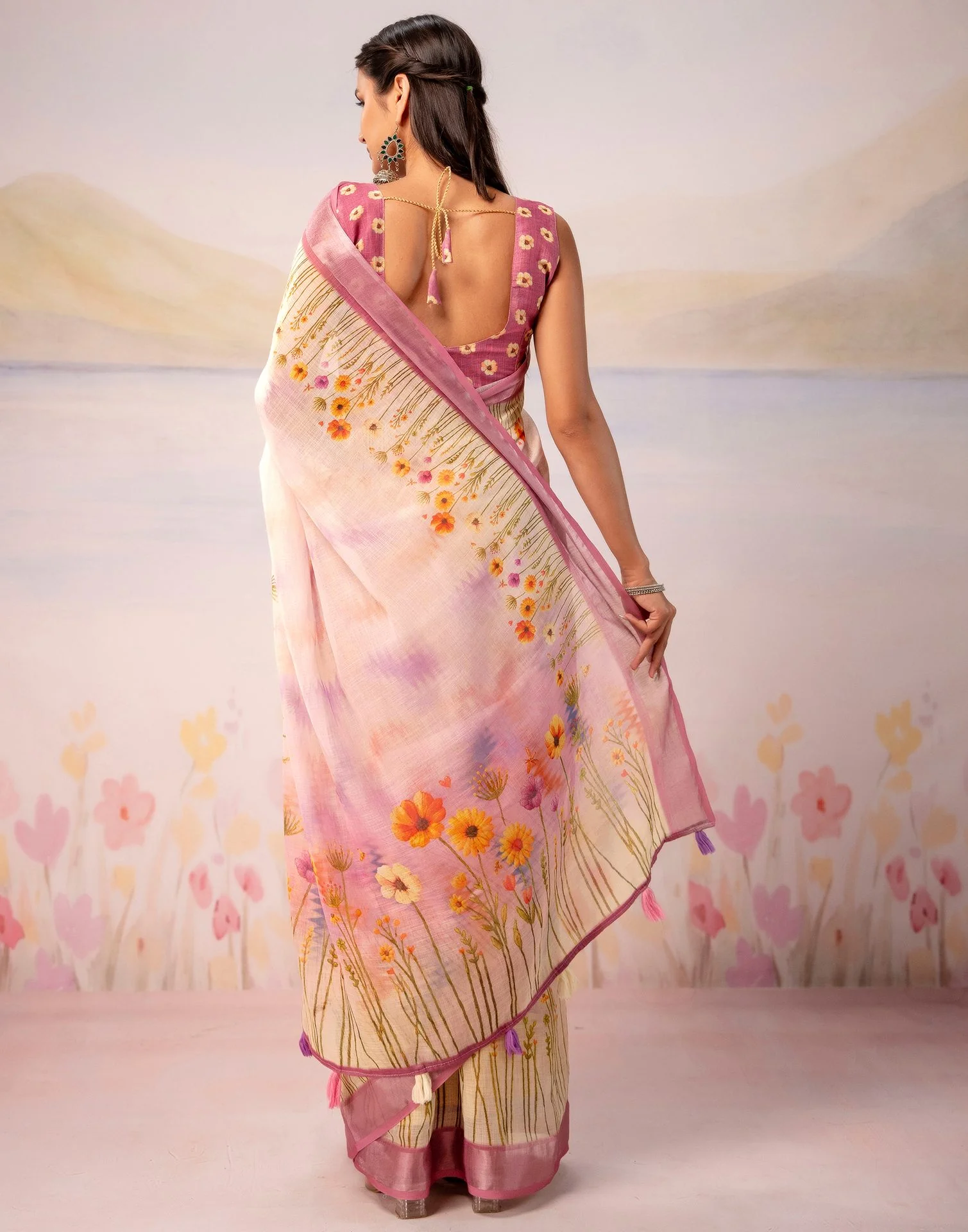 Light Pink Linen Printed Zari Border Saree - Image 8