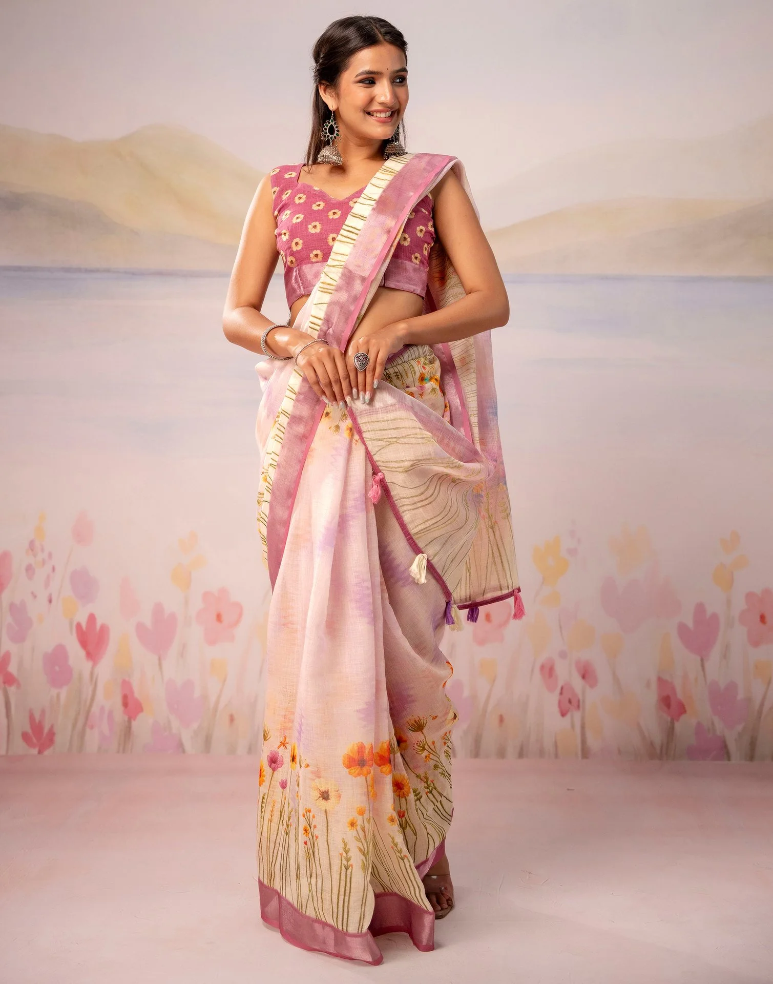 Light Pink Linen Printed Zari Border Saree - Image 9