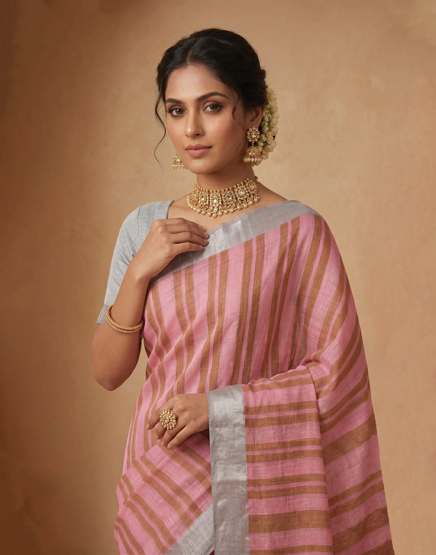 Light Pink Linen Printed Zari Border Saree - Image 2