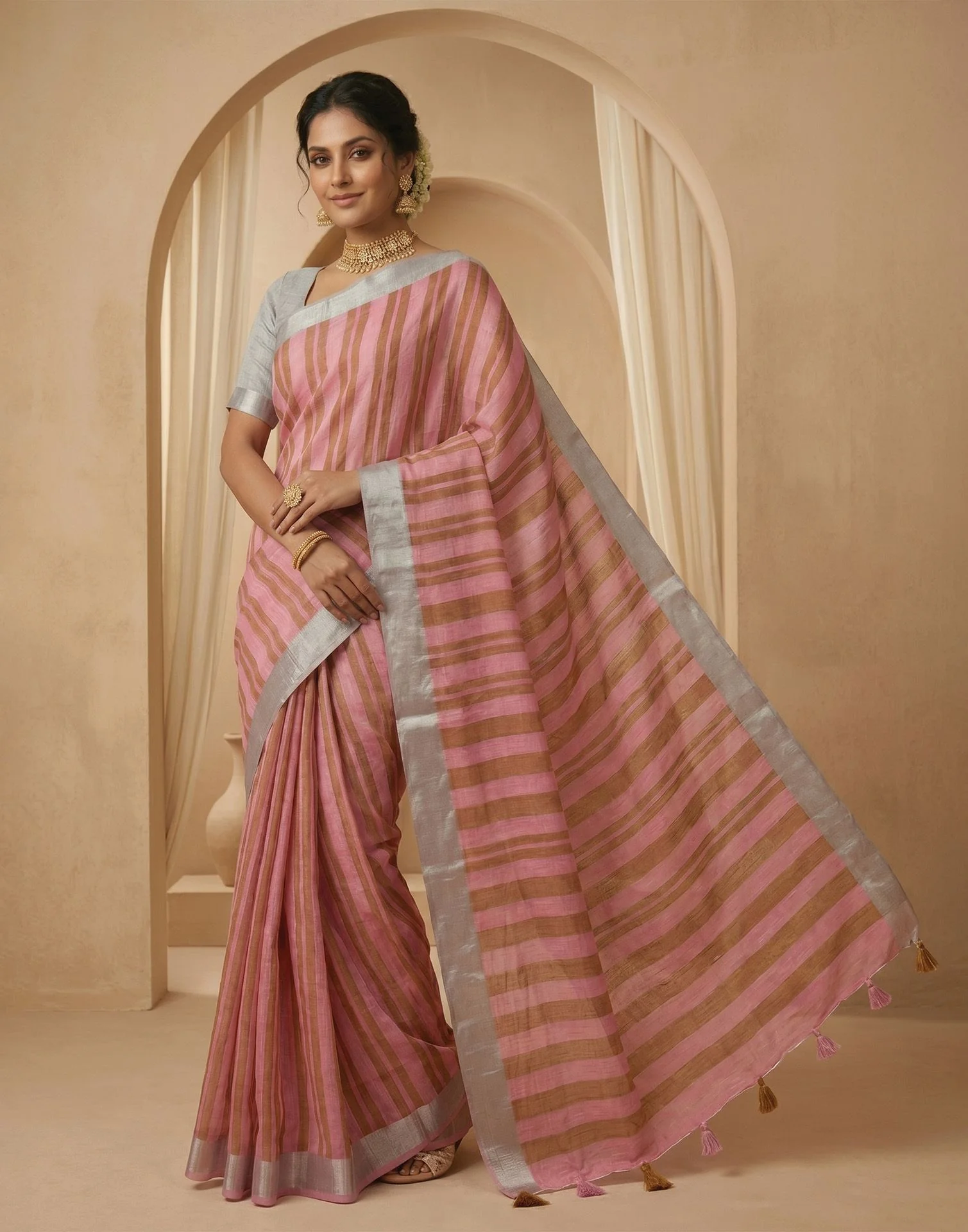 Light Pink Linen Printed Zari Border Saree - Image 6
