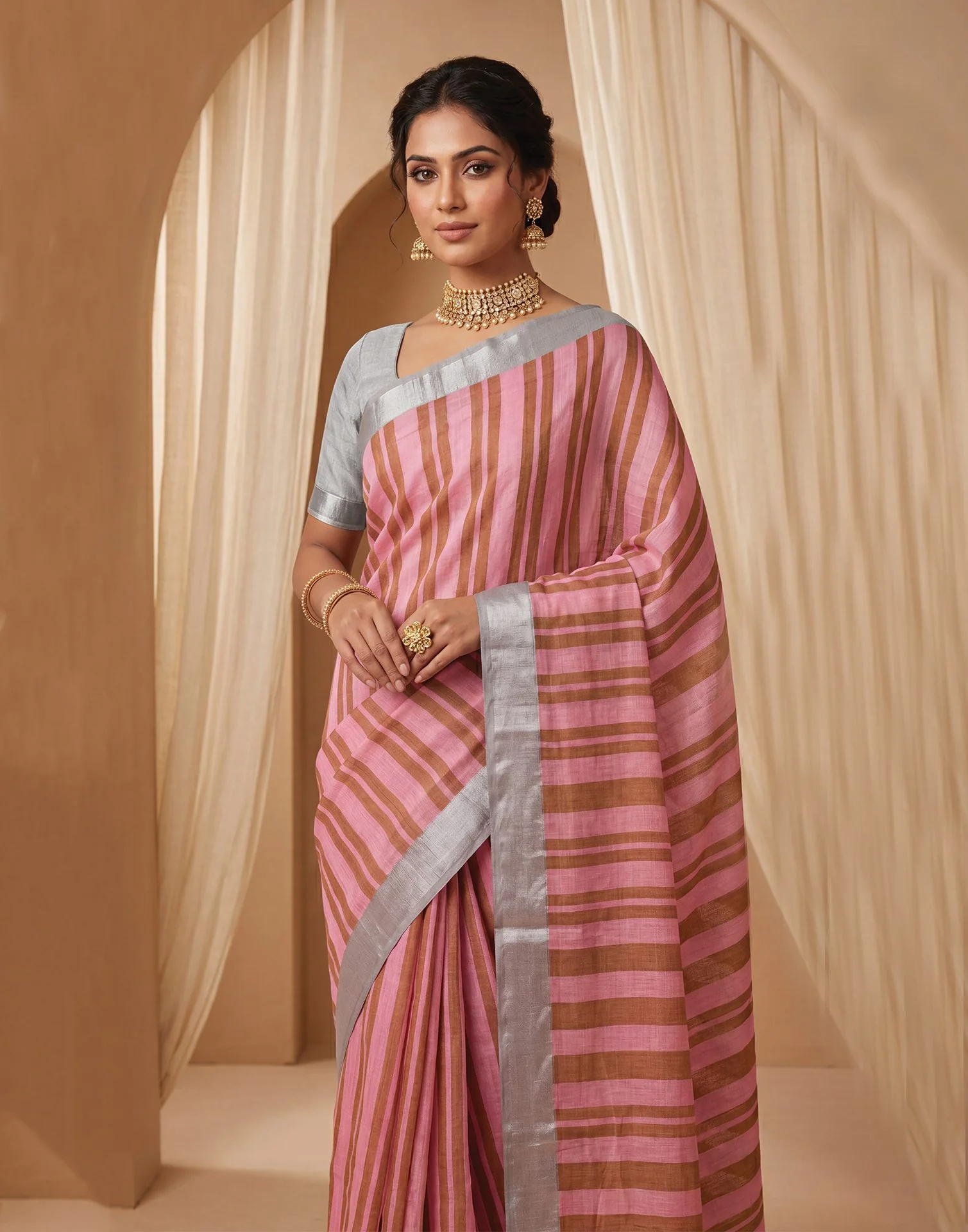 Light Pink Linen Printed Zari Border Saree - Image 8