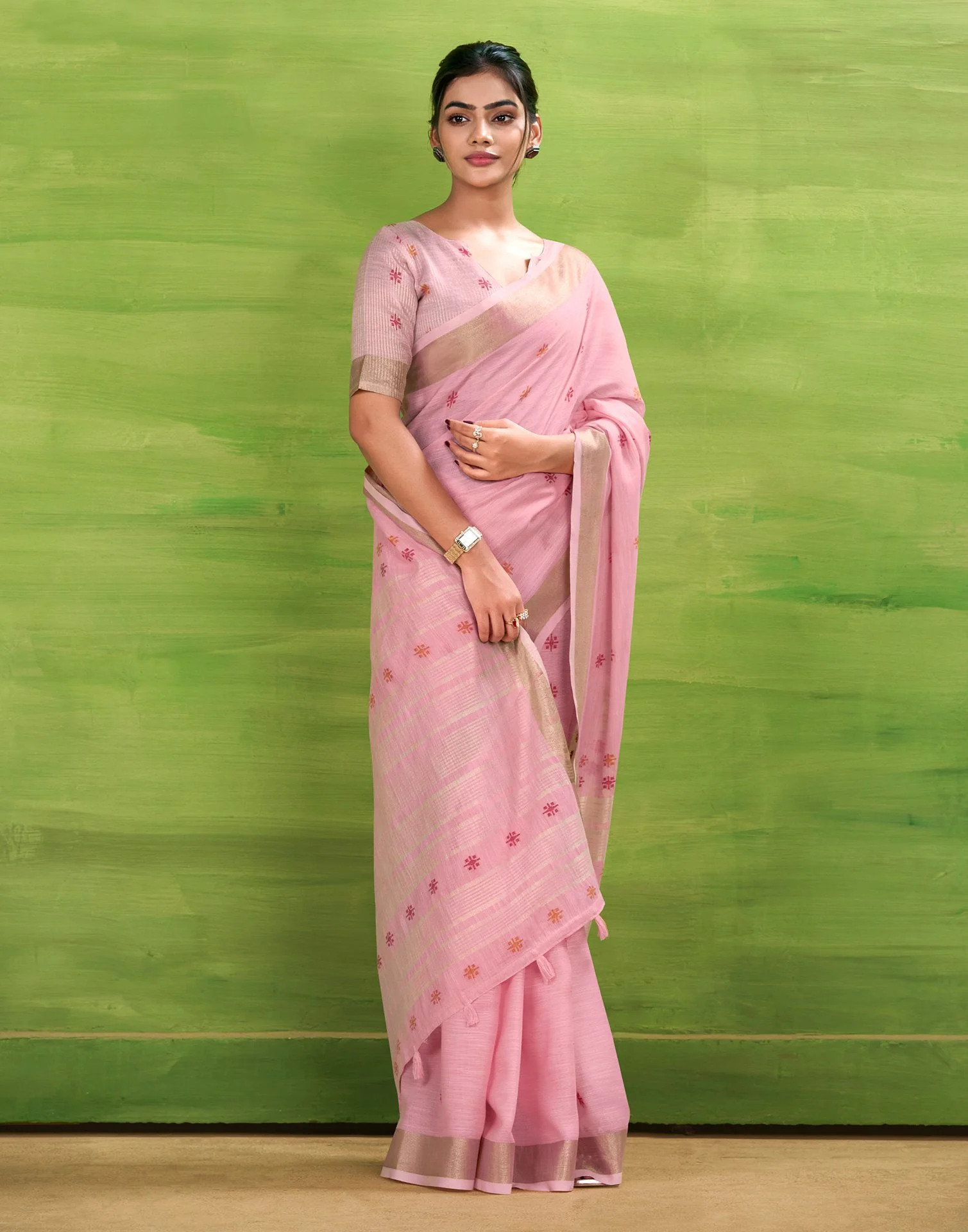 Light Pink Linen Silk Woven Printed Saree - Image 5