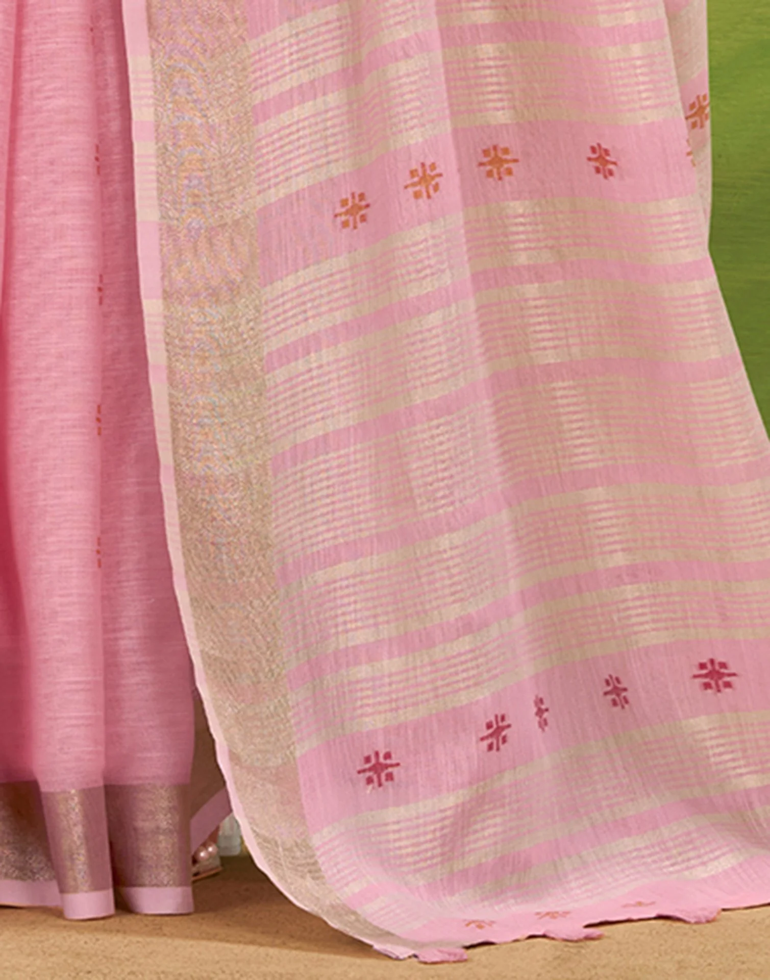 Light Pink Linen Silk Woven Printed Saree - Image 6