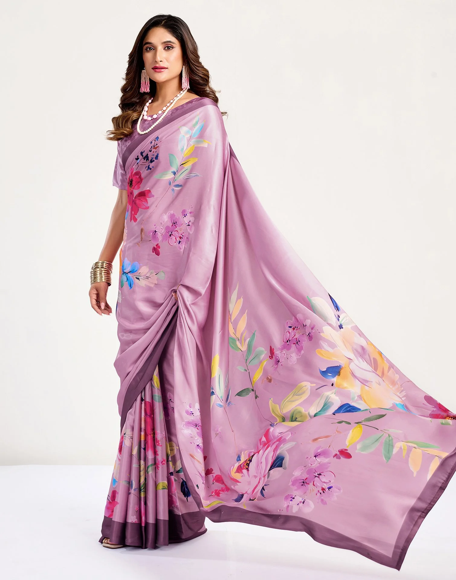Light Pink Satin Floral Printed Saree - Image 4