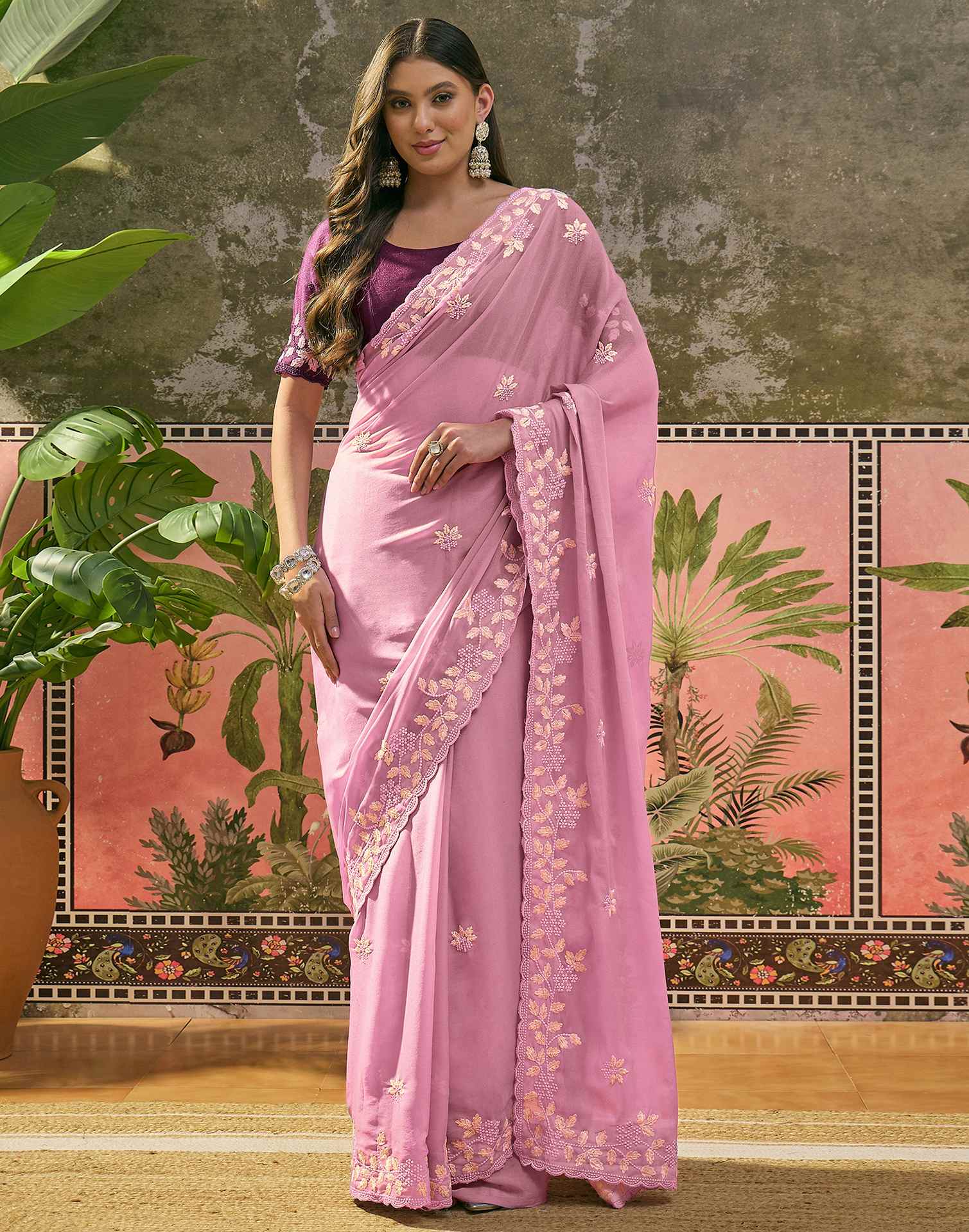 Light Pink Shimmer Embroidery Saree